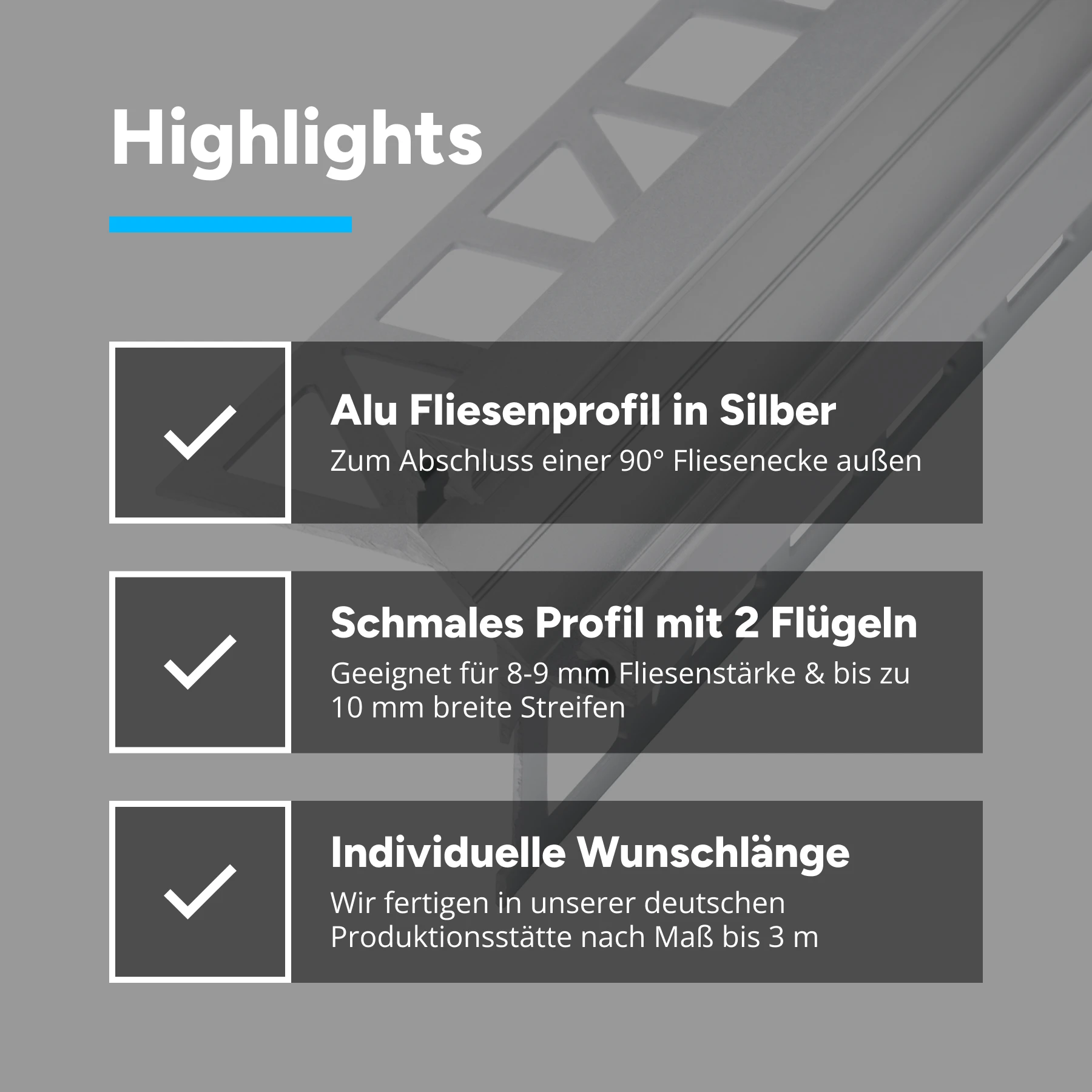 Aluminium LED Fliesenprofil, Außenecke, 2,8 x 1,0 x 15cm - ohne Abdeckung - ohne Endkappen
