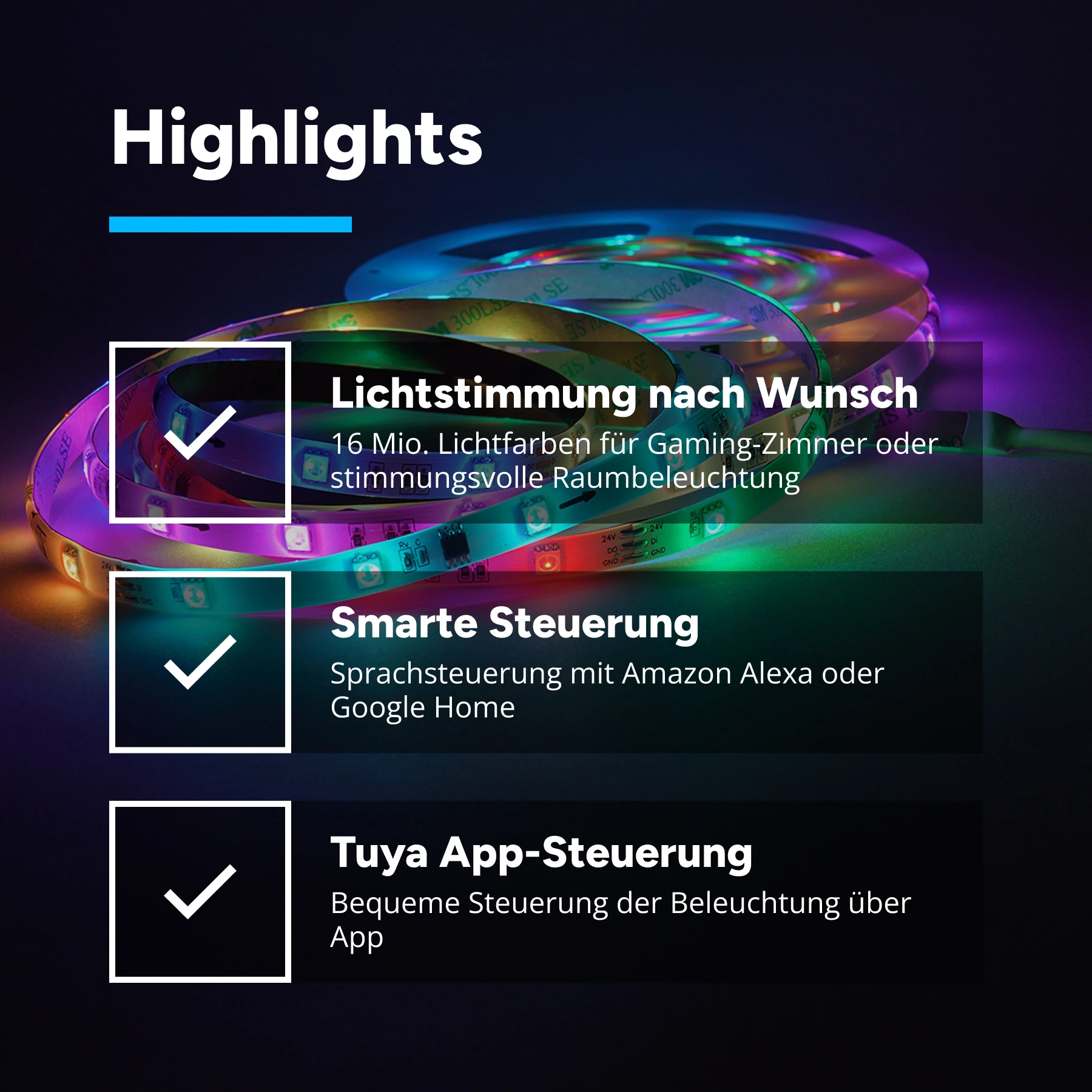 24V Smart LED Strip - RGBIC, 5m, IP44 - Tuya App, Sprachsteuerung über Alexa und Google Home