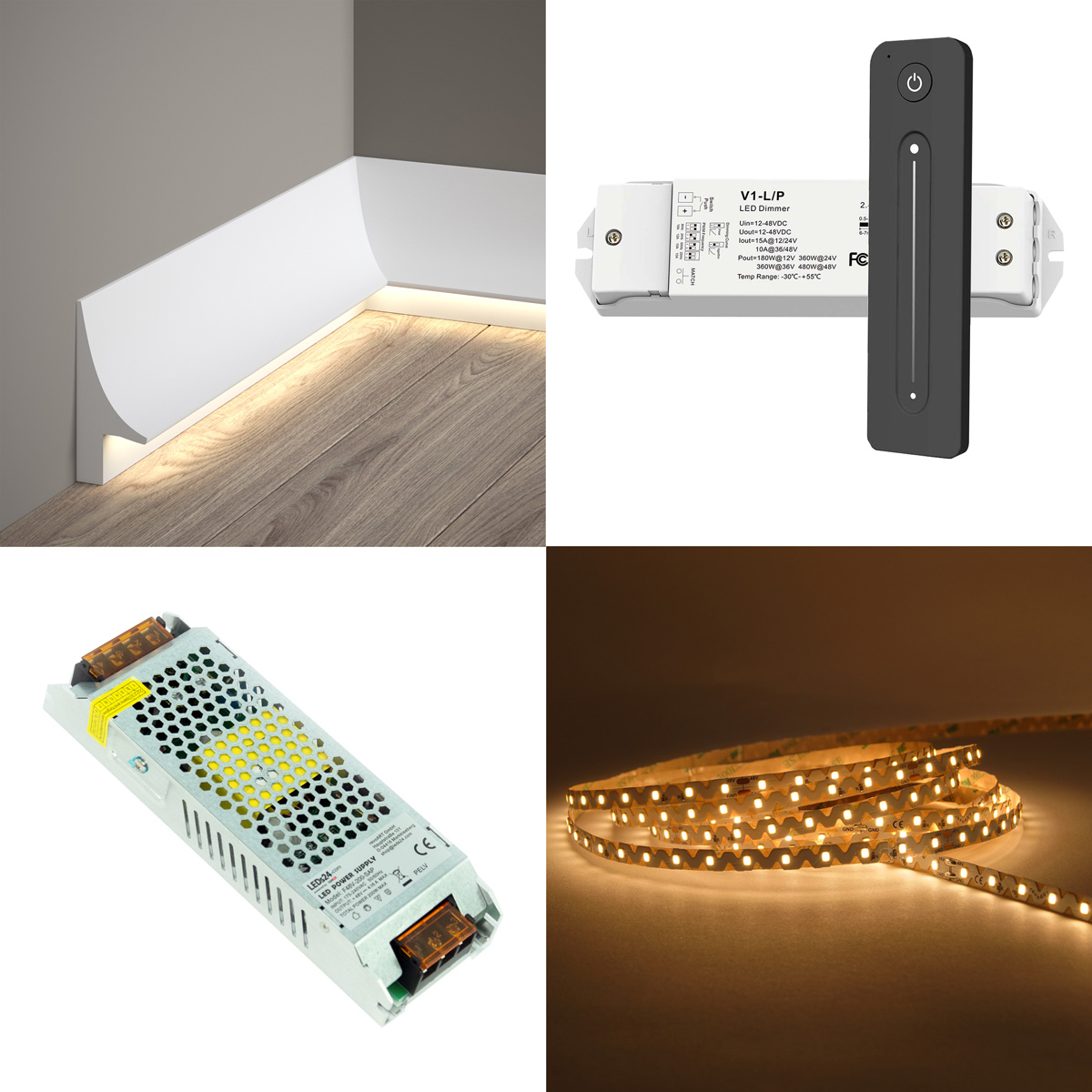 Stuckleisten Set, Sockelleiste indirekt, Stuckprofil mit 48V LED Streifen, Fernbedienung und Netzteil