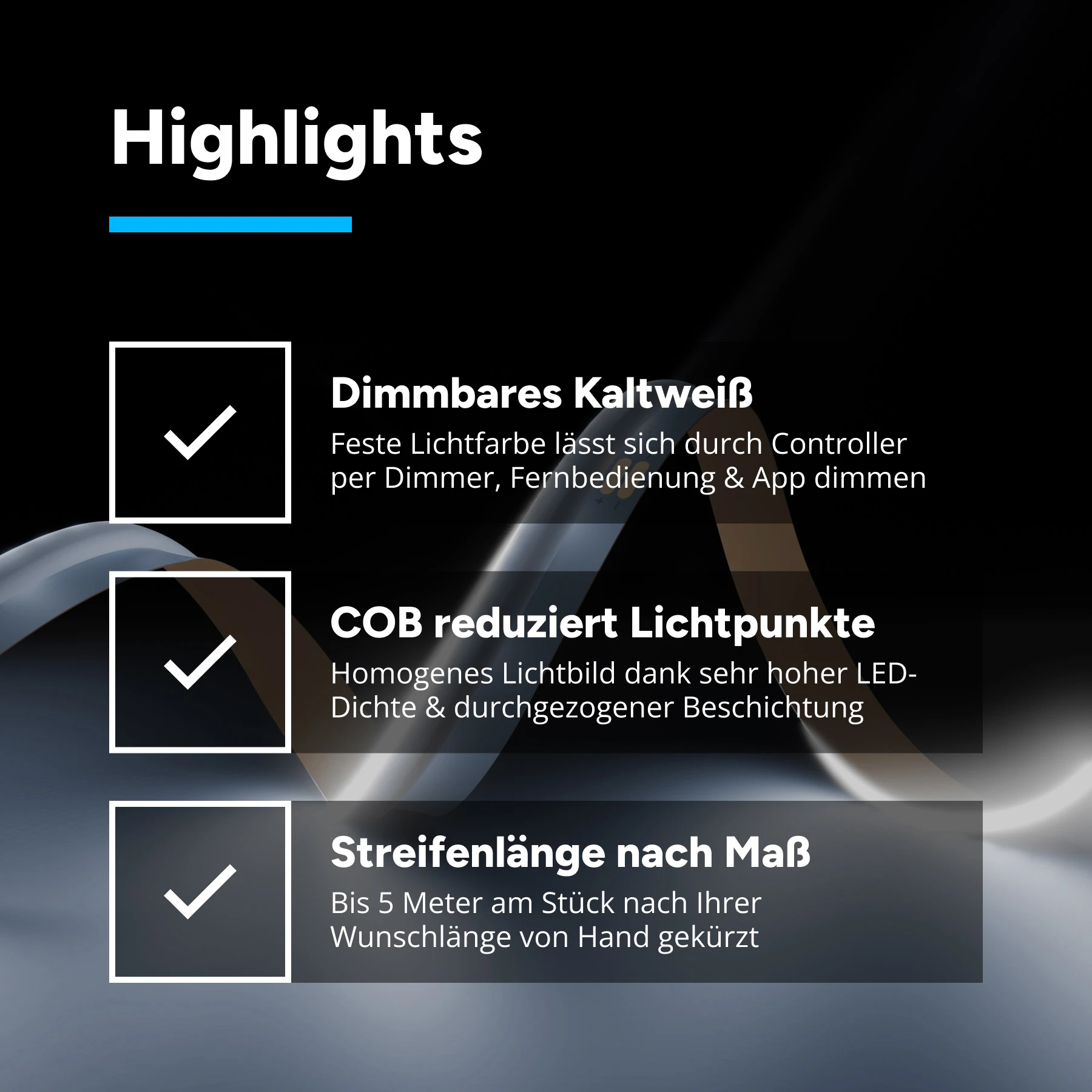 24V COB LED Streifen - weiß  - seitlich abstrahlend - alle 10cm teilbar - 10cm - 40 LED Chips - 1,2 Watt - 40 Lumen - ohne Eingangskabel - Löten erforderlich
