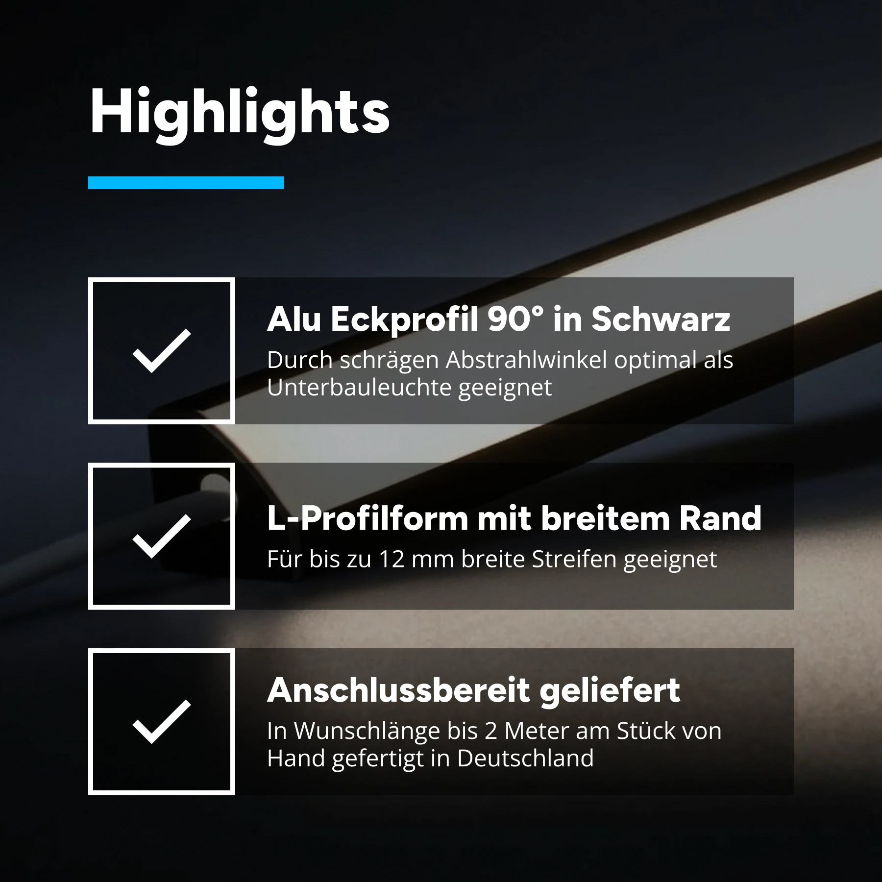 24V Black Line LED Eckleiste - COB - weiß - diffuse Abdeckung - 33cm - 144 LED Chips - 4 Watt - 360 Lumen - kein Anschlußkabel zum Netzteil - mit Ausgangskabel ( zum Anschluss einer weiteren LED- Leiste )