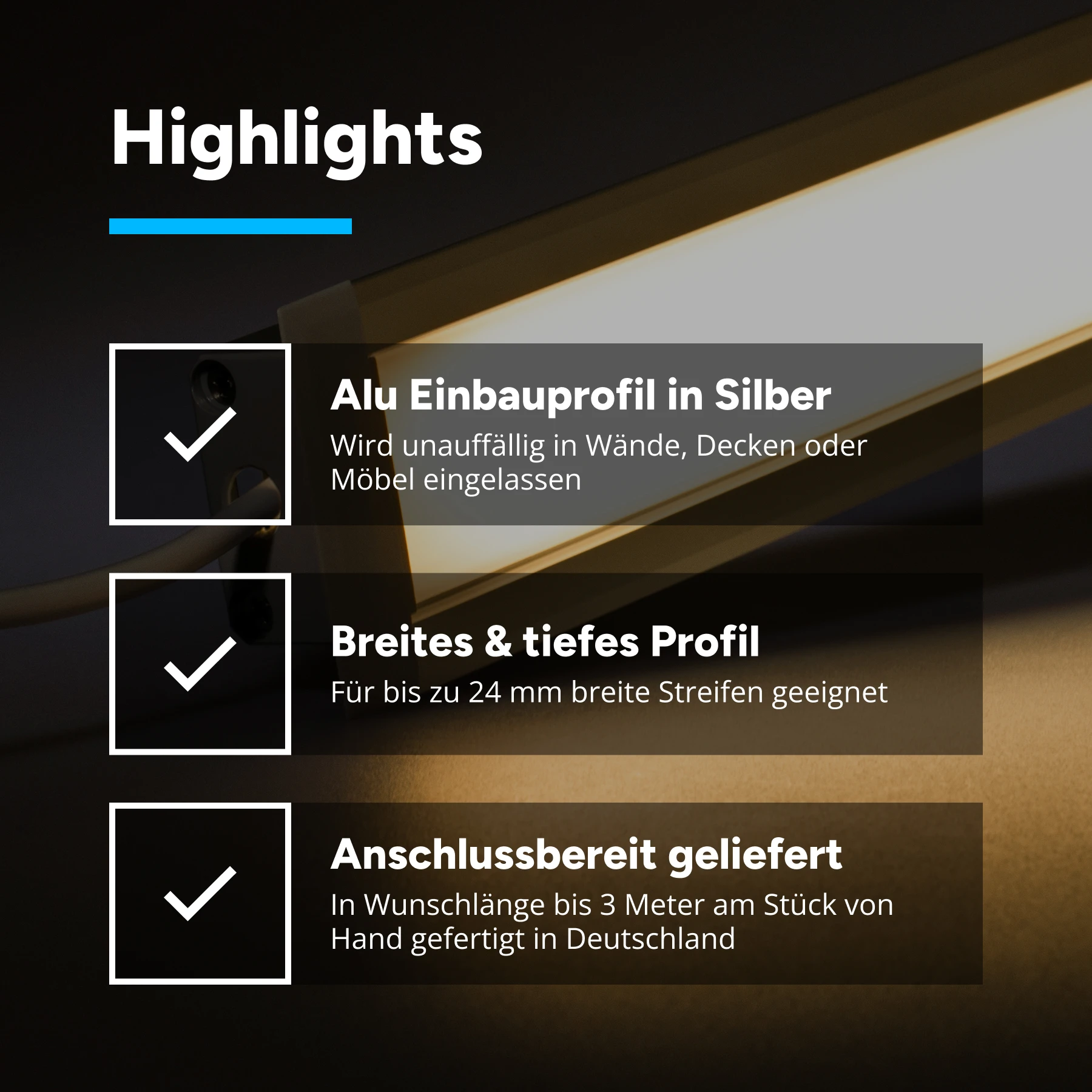 24V Aluminium Einbau LED Leiste – COB - warmweiß – diffuse Abdeckung - bis 3m Länge - 158cm - 744 LED Chips - 18 Watt - 1860 Lumen