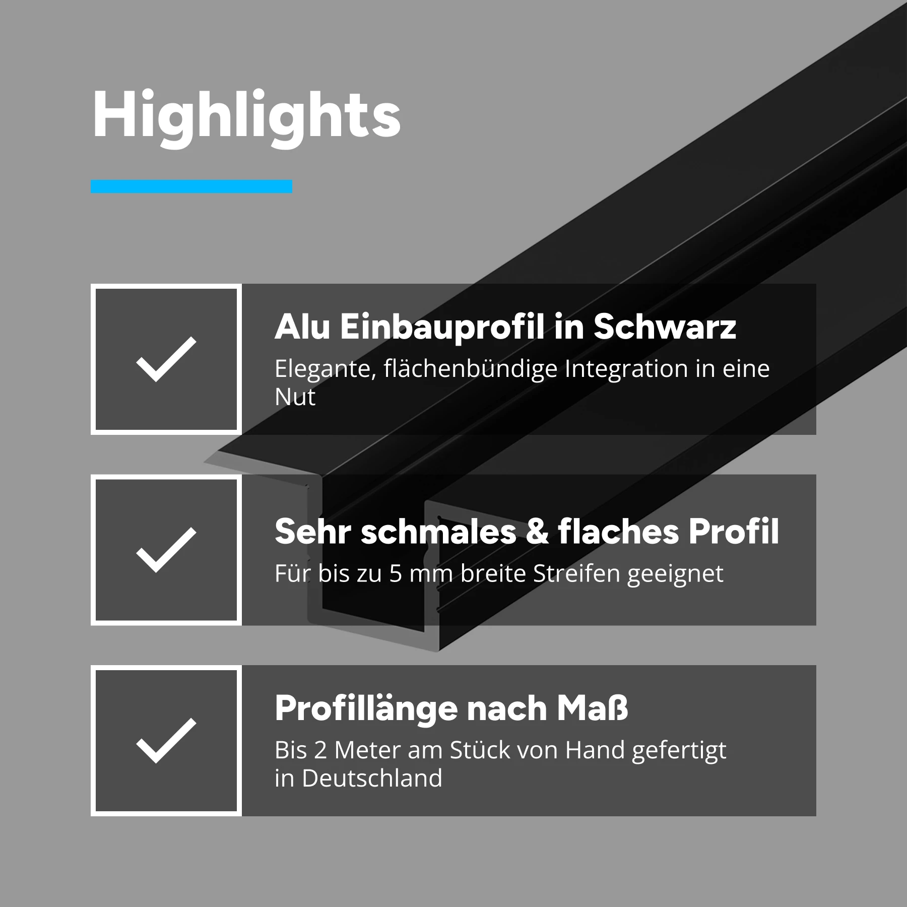schwarzes Aluminium LED Einbauprofil, P6-4, 1,7 x 0,63 x 15cm - ohne Abdeckung - ohne Endkappen