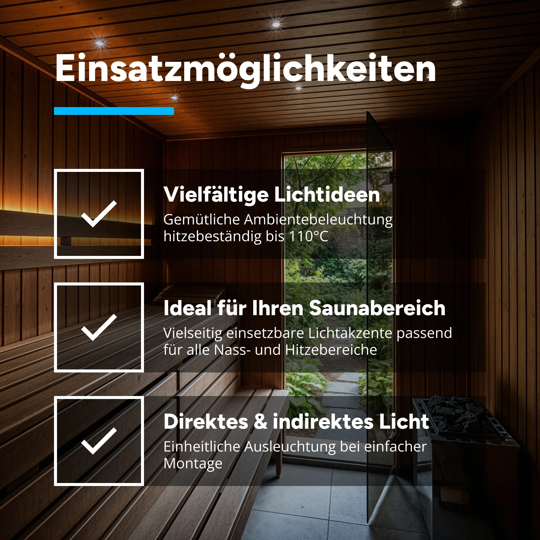 24V wasserfester Sauna LED Streifen - warmweiß - temperaturbeständig bis 110° - IP68 - 10cm - 12 LEDs - 0,5 Watt - 46 Lumen - 10cm Eingangskabel mit offenen Enden