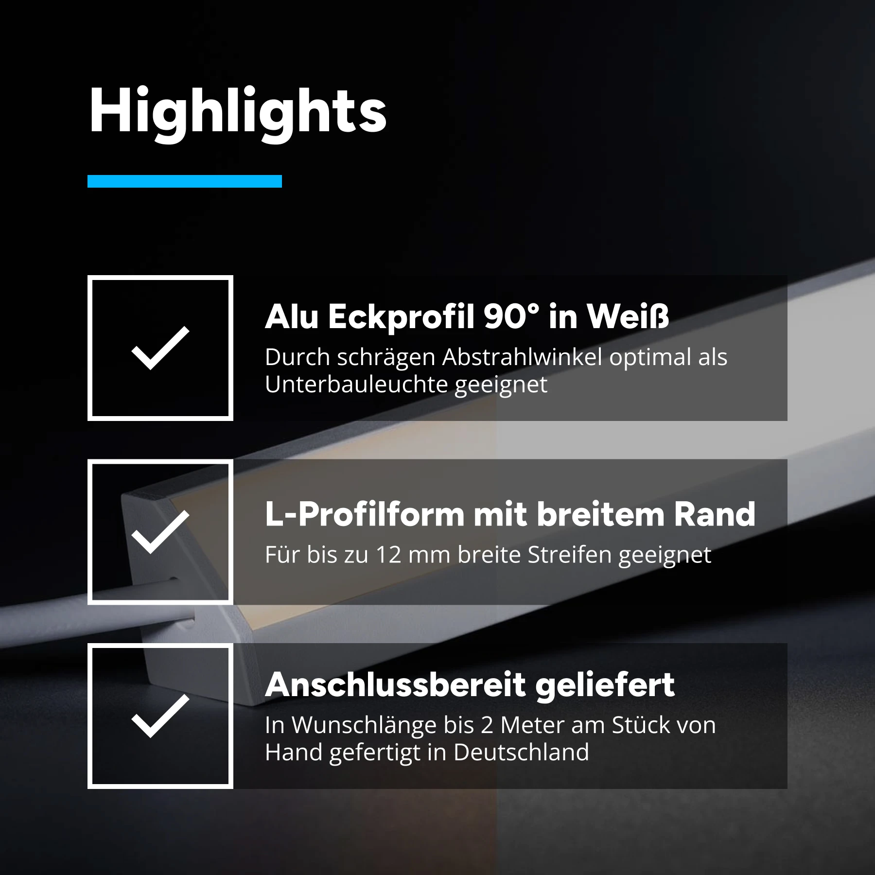 24V White Line LED Eckleiste - COB - Farbtemperatur einstellbar - diffuse Abdeckung - 33cm - 182 LED Chips - max. 6,6 Watt - 660 Lumen - mit Ausgangskabel ( zum Anschluss einer weiteren LED- Leiste )