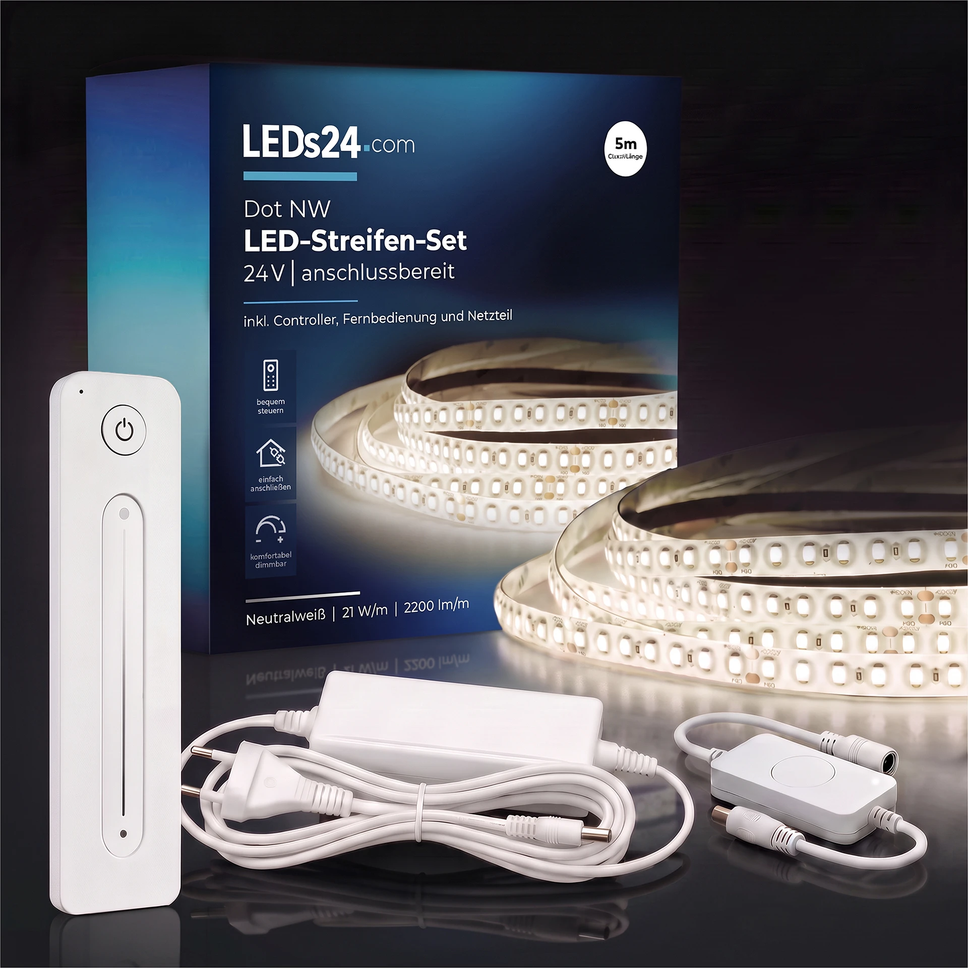 24V LED Streifen Set, 500 cm, Lichtfarbe neutralweiß, mit Netzteil und weißer Fernbedienung