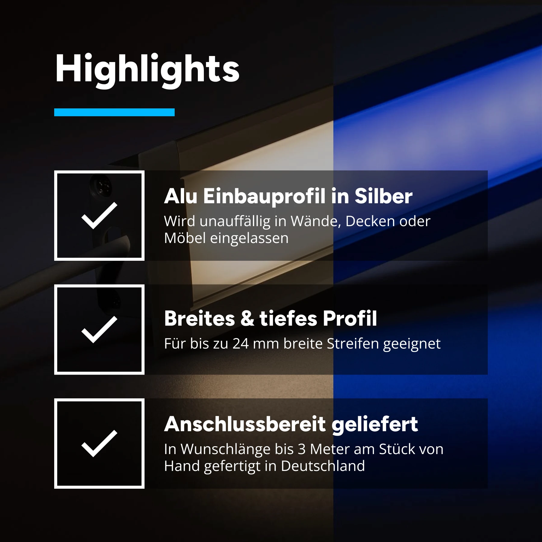 24V Aluminium Einbau LED Leiste - RGBWW (RGB + warmweiß) - diffuse Abdeckung - bis 3m Länge - 33cm - 18 LED Chips - 4 Watt - 360 Lumen