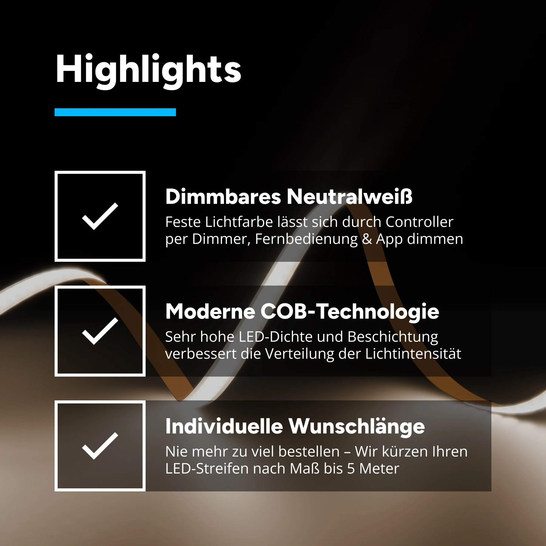 24V COB LED Streifen –  neutralweiß – alle 5cm teilbar - 5mm breit - 5cm mit 24 LEDs - 3 Watt - 100 Lumen - ohne Eingangskabel - Löten erforderlich