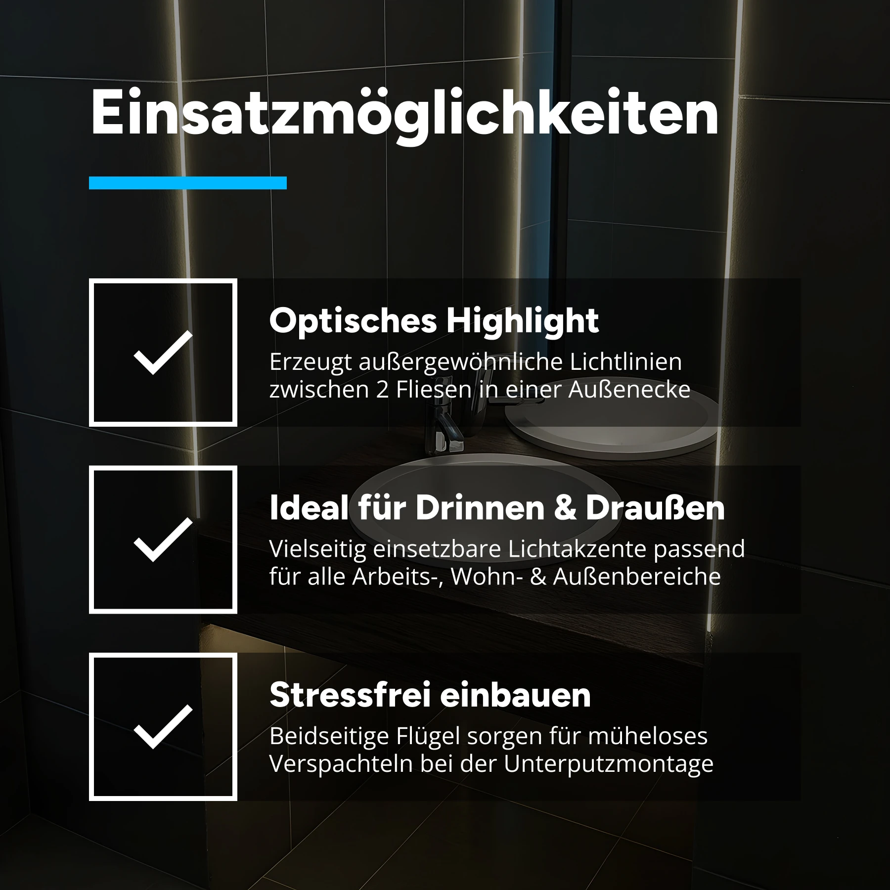 Aluminium LED Fliesenprofil, Außenecke, 2,8 x 1,0 x 15cm - ohne Abdeckung - ohne Endkappen