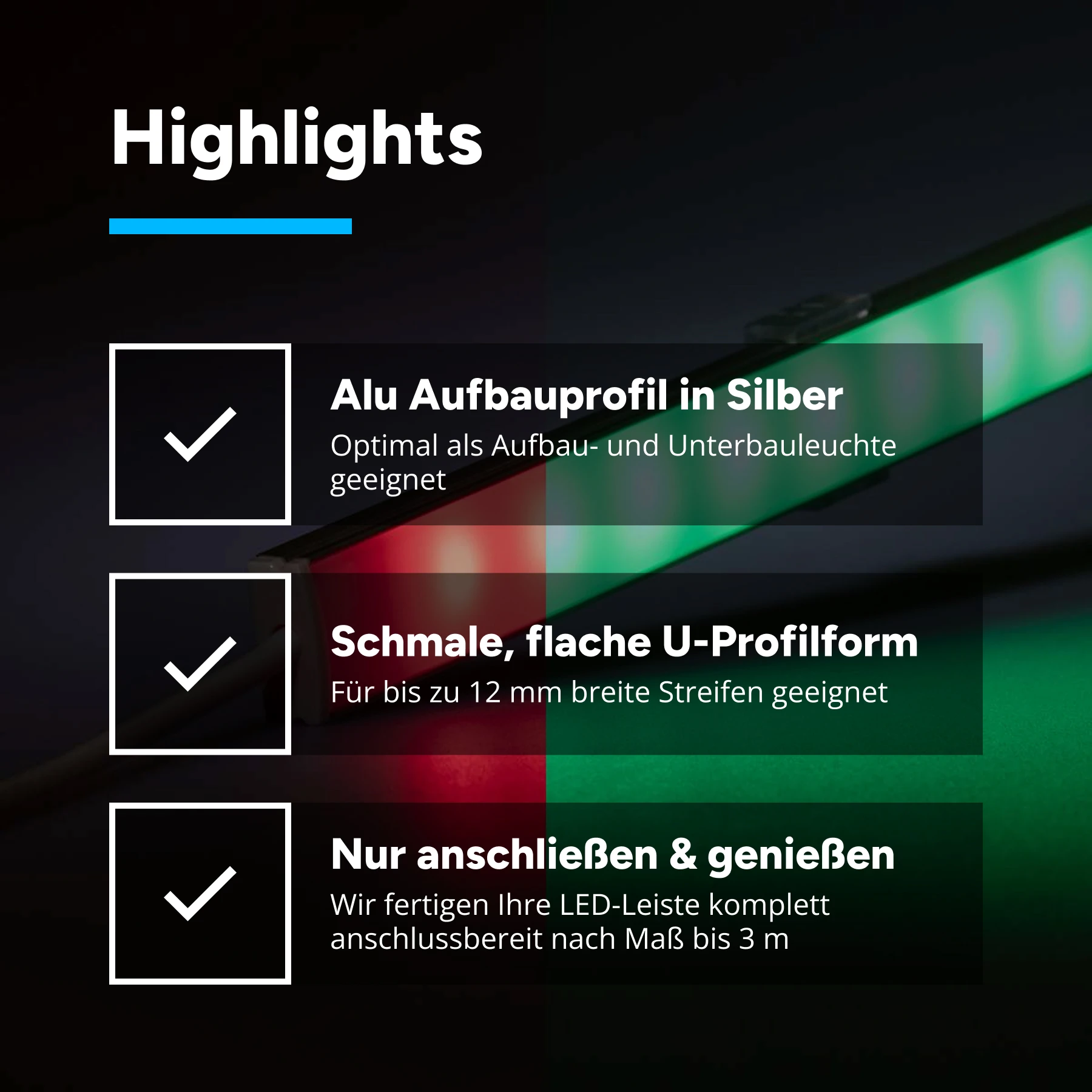 24V Slim-Line Aluminium TWIN LED Leiste - RGB - diffuse Abdeckung - bis 3m Länge - mit Ausgangskabel ( zum Anschluss einer weiteren LED- Leiste ) - 23cm - 24 LEDs - 5,8 Watt