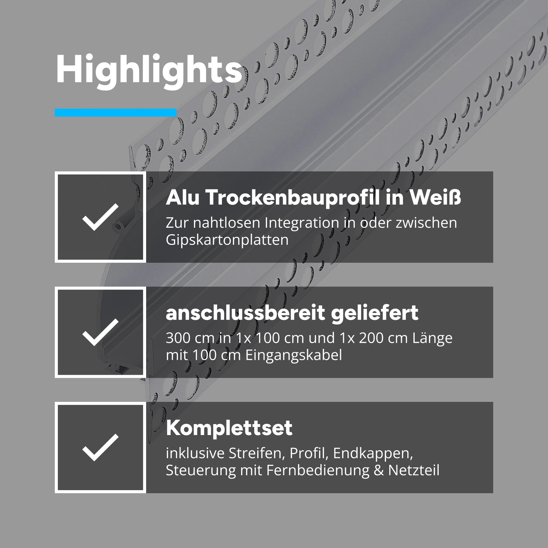 3m Aluminium Trockenbau Wand Profil mit 24V COB LED Streifen, Drywall Elegance Weiß variabel - 2700K - 6000K ohne Netzteil und ohne Fernbedienung