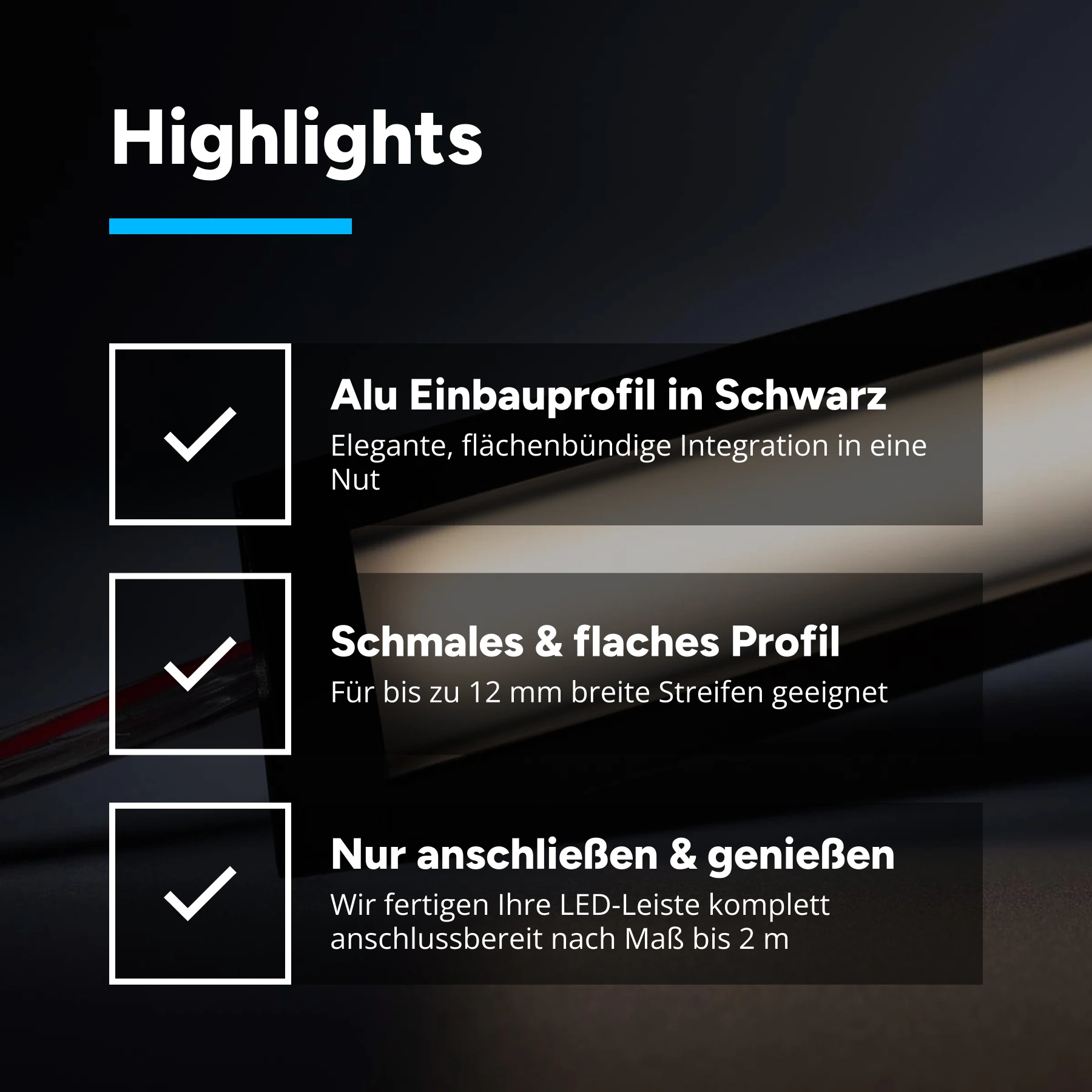 24V Black Line Aluminium Einbau LED Leiste - COB - neutralweiß - schwarze Abdeckung - 33cm - 144 LED Chips - 4 Watt - 360 Lumen