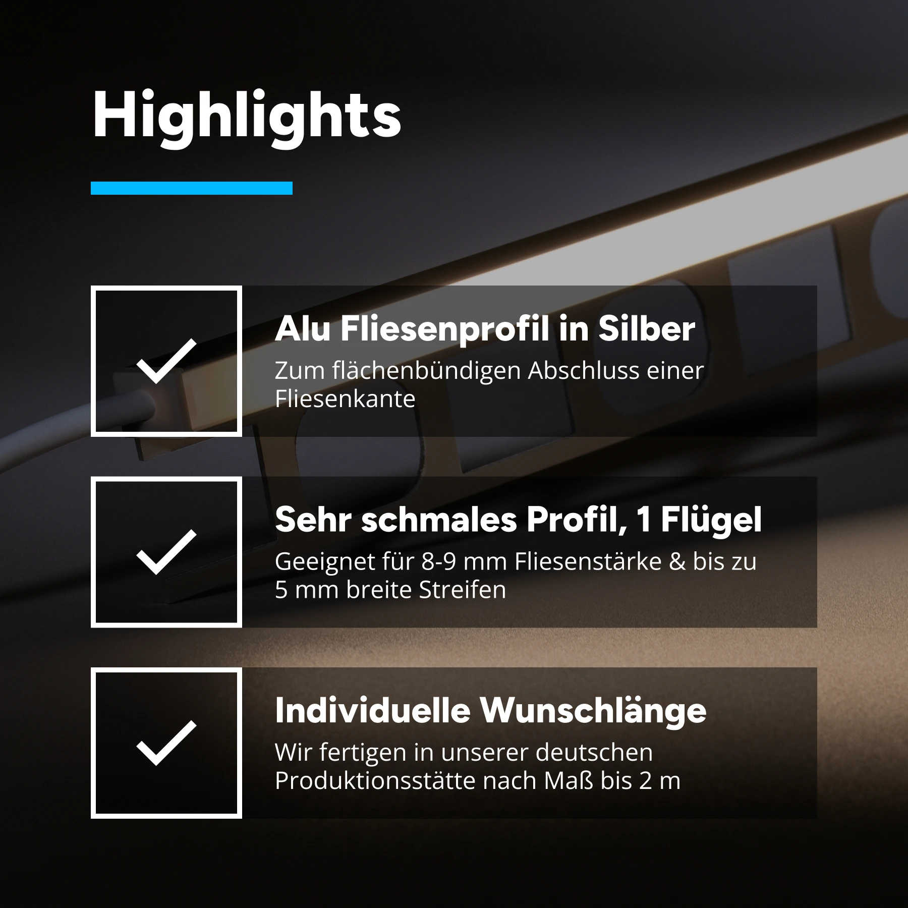24V wasserfeste Trockenbau Fliesen LED Leiste schmal - Warmweiß - diffuse Abdeckung - IP65 - 33 cm mit 144 LED Chips - 224 Lumen - 2 Watt