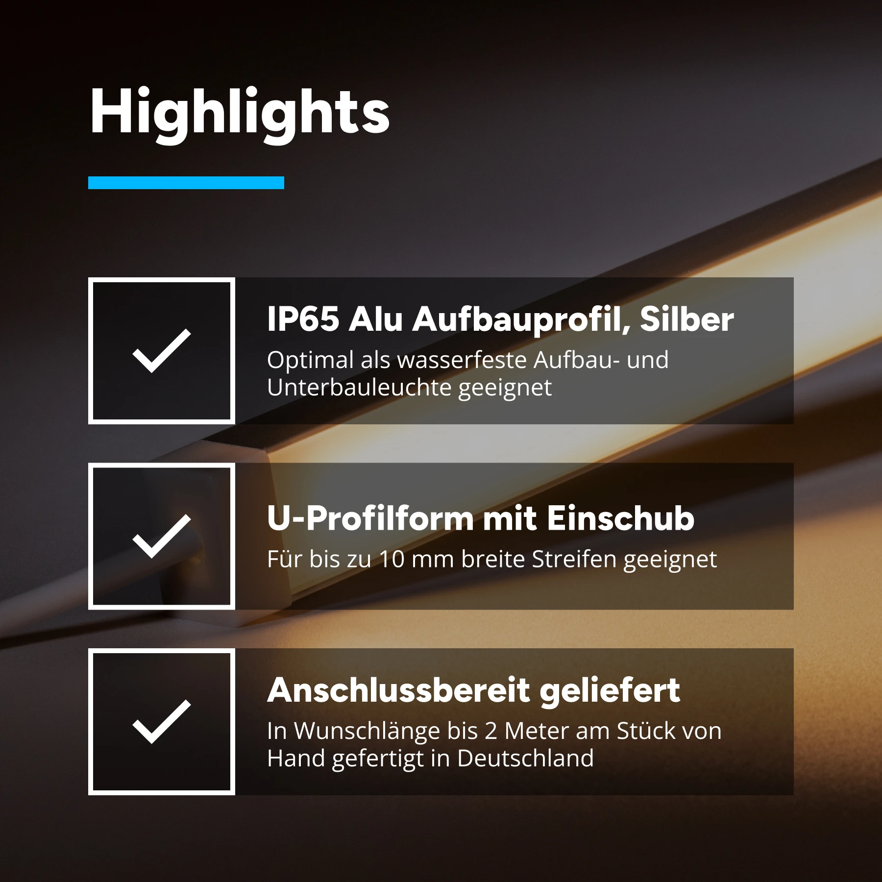 24V wasserfeste Aluminium LED Leiste - warmweiß - diffuse Abdeckung - IP65 - 18cm mit 21 SMD LEDs - 3 Watt 240 Lumen - 100cm Eingangskabel mit offenen Enden - ohne Ausgangskabel (geschlossene Endkappe)
