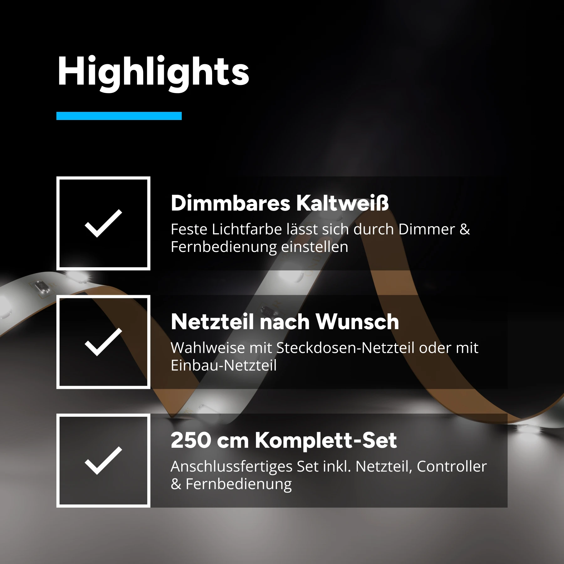 12V LED Streifen Set mit Fernbedienung und Netzteil, 250cm Länge, Lichtfarbe weiß mit Einbaunetzteil