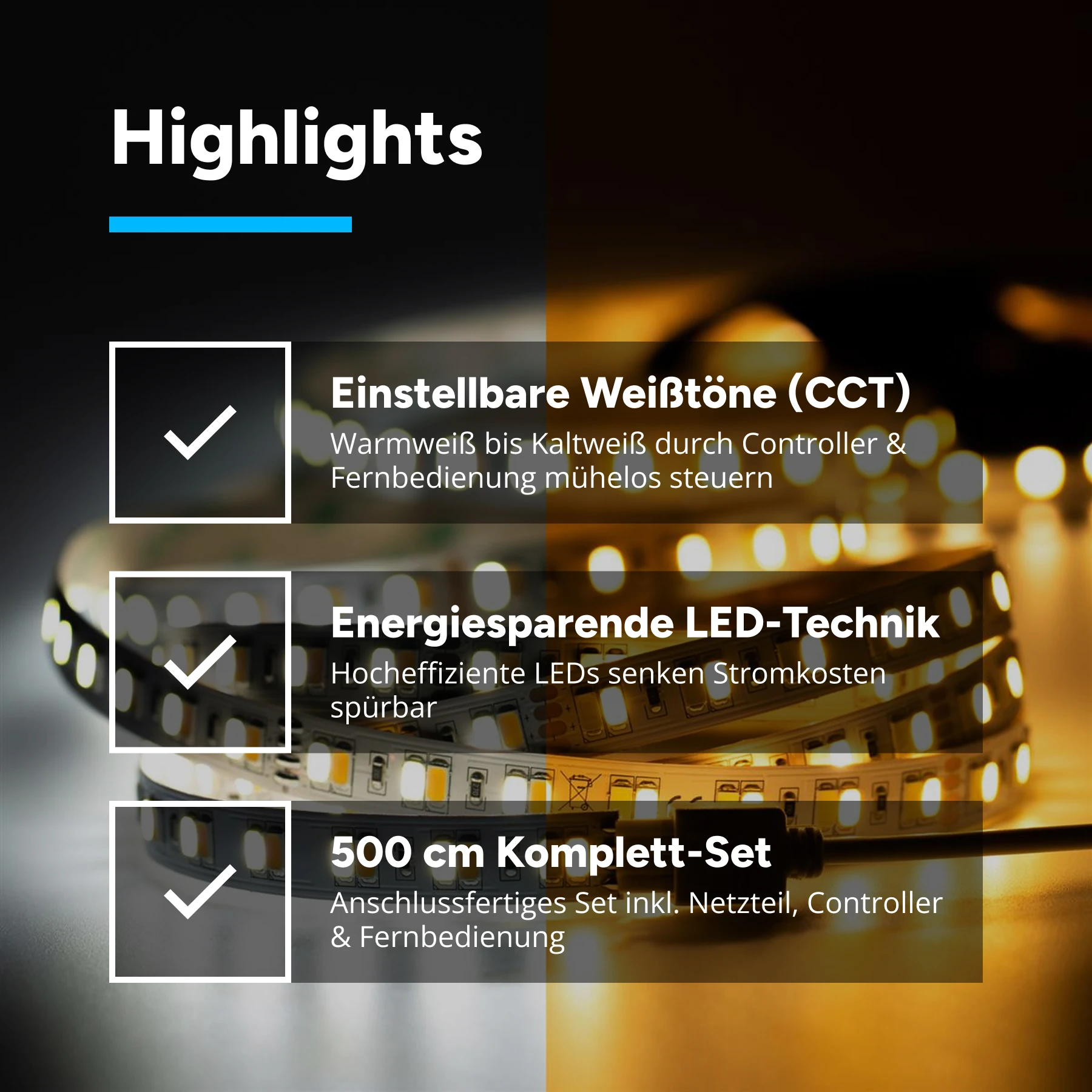 24V  SET – Farbtemperatur einstellbar – 5m LED Streifen  incl. Netzteil und Dimmer