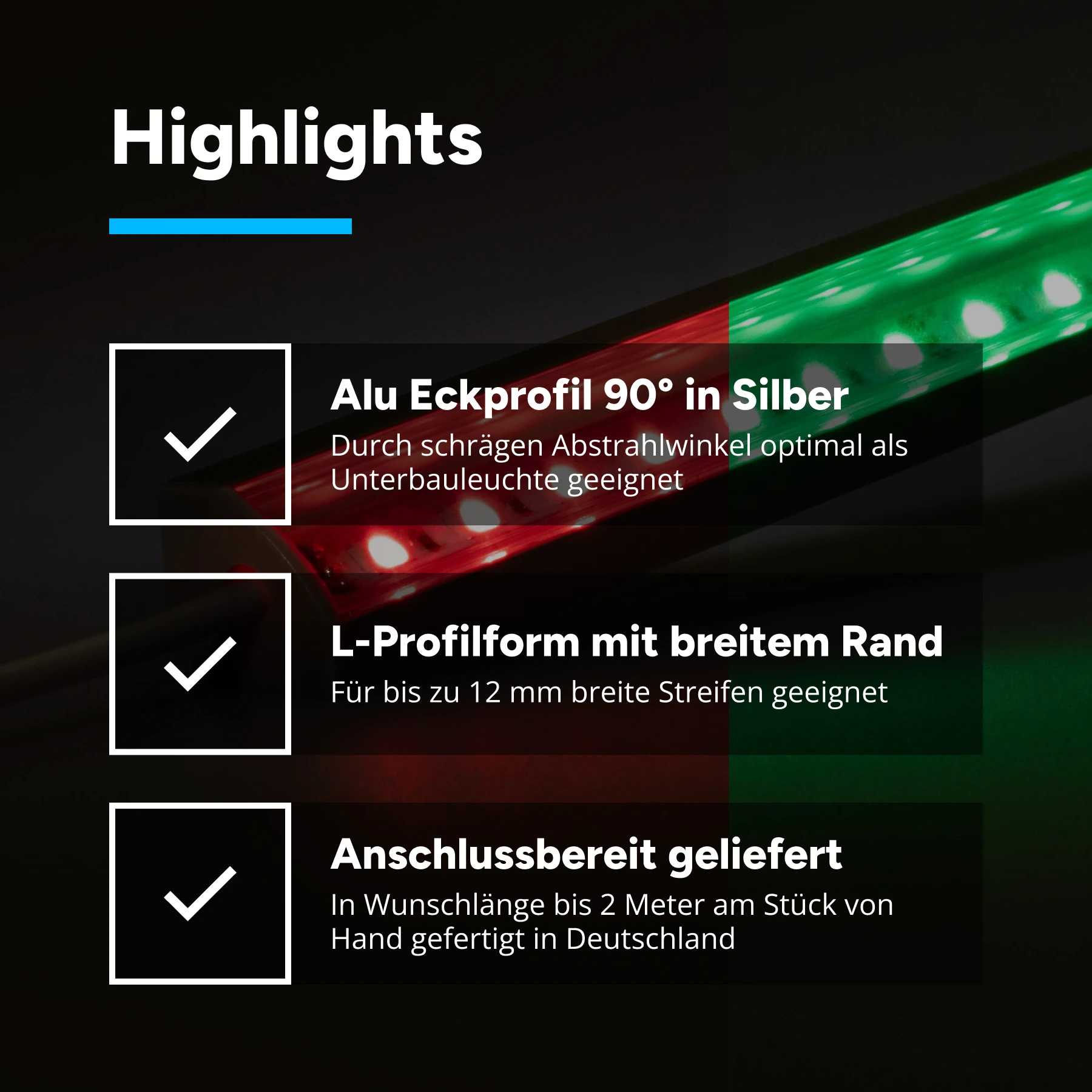24V  Aluminium LED Eckleiste – RGB – transparente Abdeckung - 23 cm mit 14 SMD LEDs - 3 Watt - 140 Lumen
