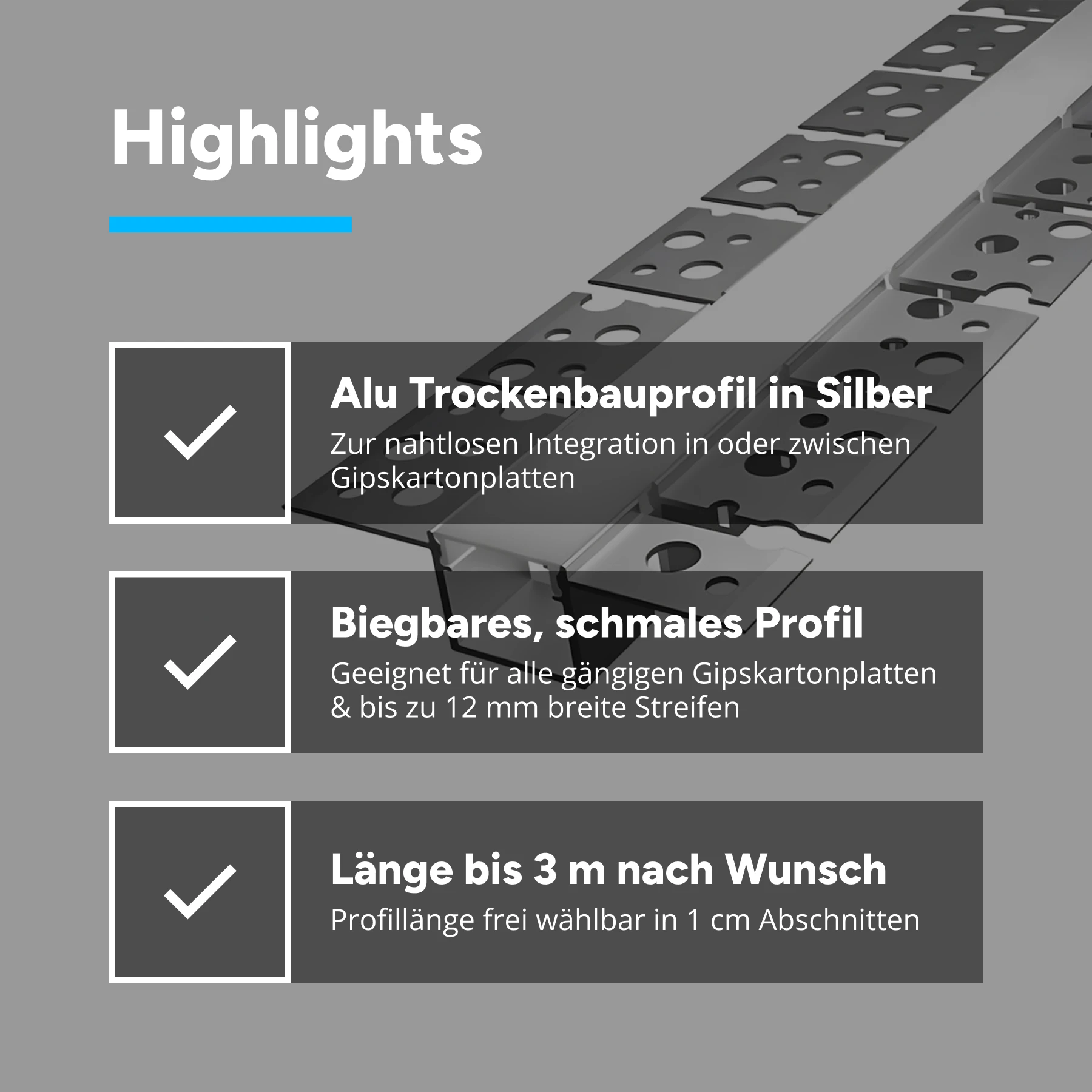 Aluminium LED Unterputz Profil, Trockenbau, flexibel, 1,73 x 1,31 - 25,5cm - diffuse Abdeckung - Rollenware - ohne Endkappen