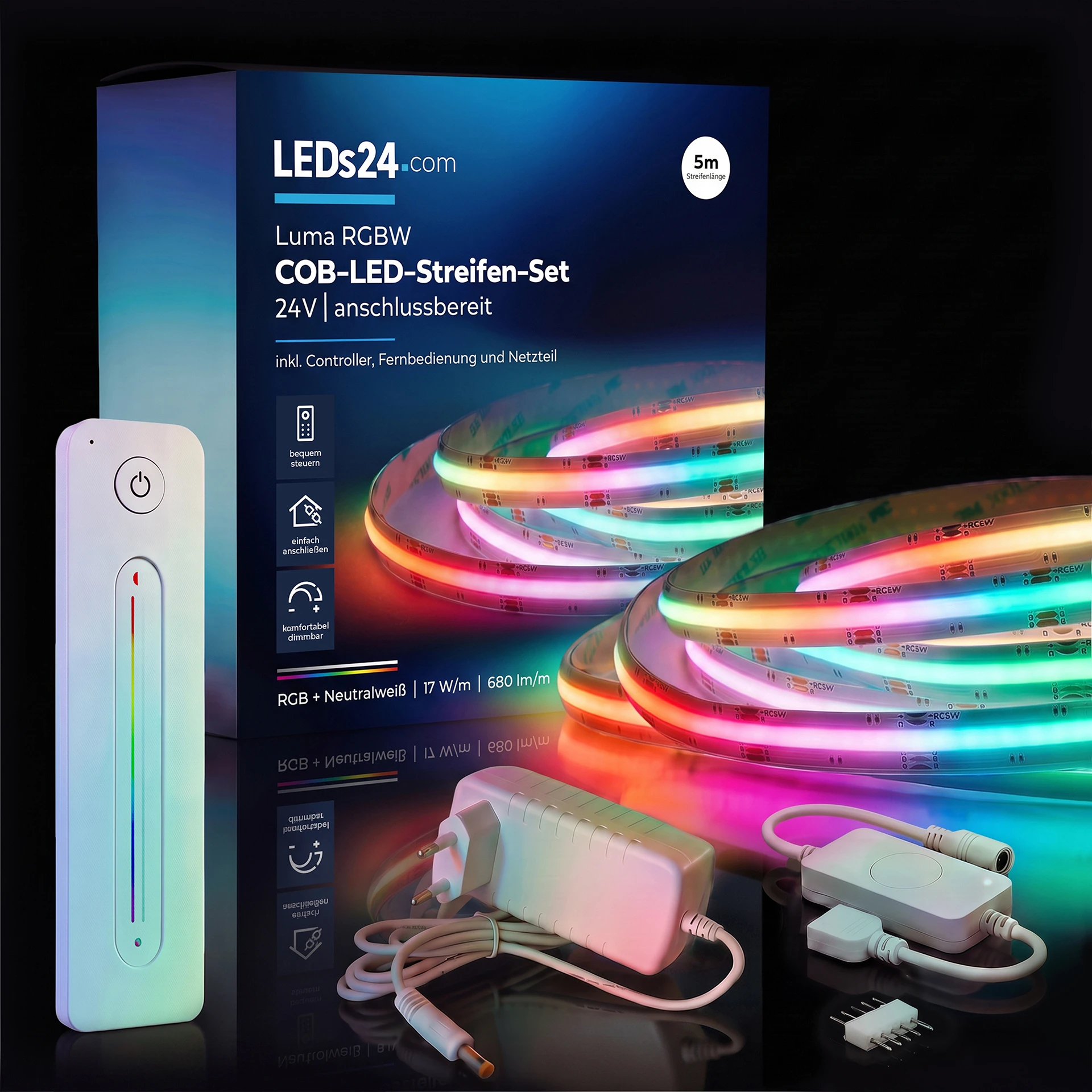 24V COB LED Streifen Set, 500 cm, Lichtfarbe RGB