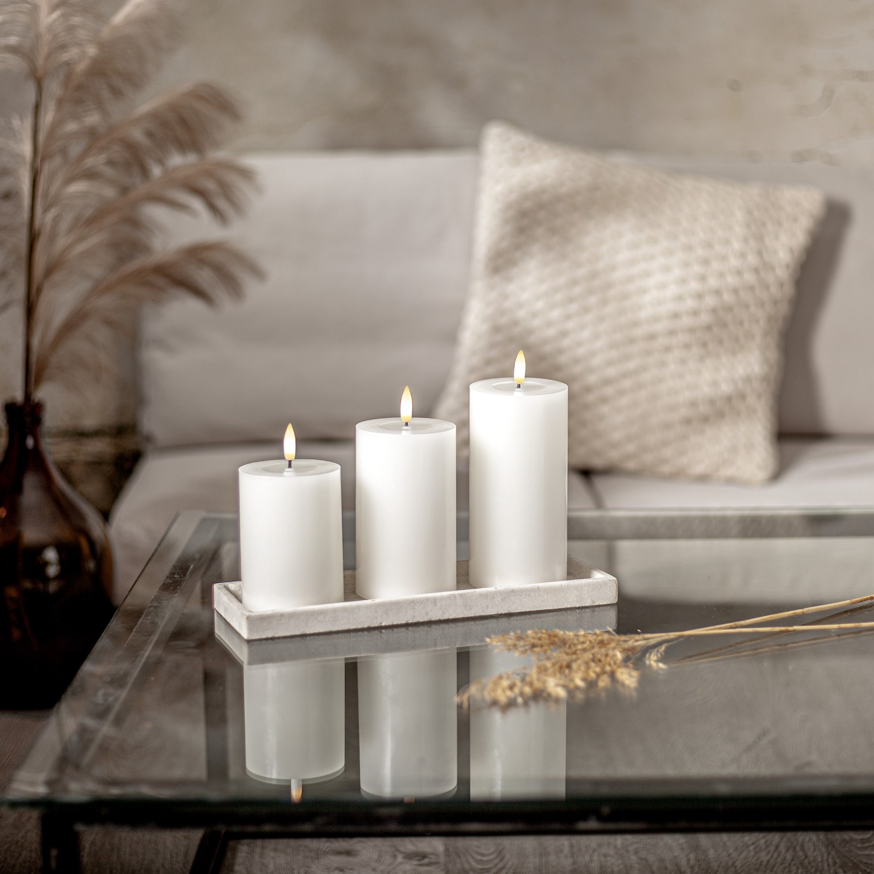 Kerzen Set für innen - Weiß - Höhe: 10/ 12,5/ 15 cm - Akkubetrieb - Timer - flackernd