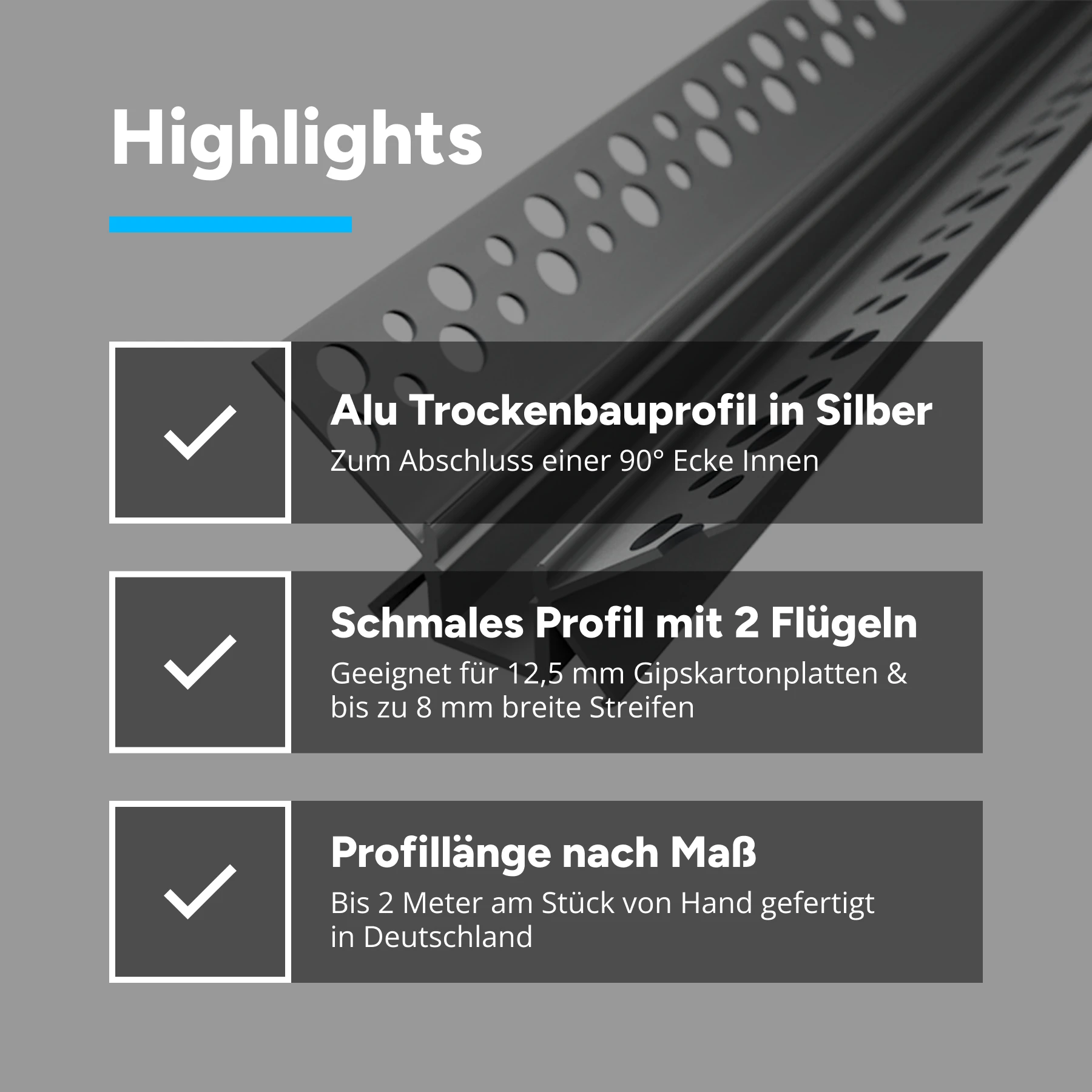 Aluminium LED Unterputz Profil, Trockenbau, Innenecke, 4,6 x 2,4 x 15cm - ohne Abdeckung - ohne Endkappen