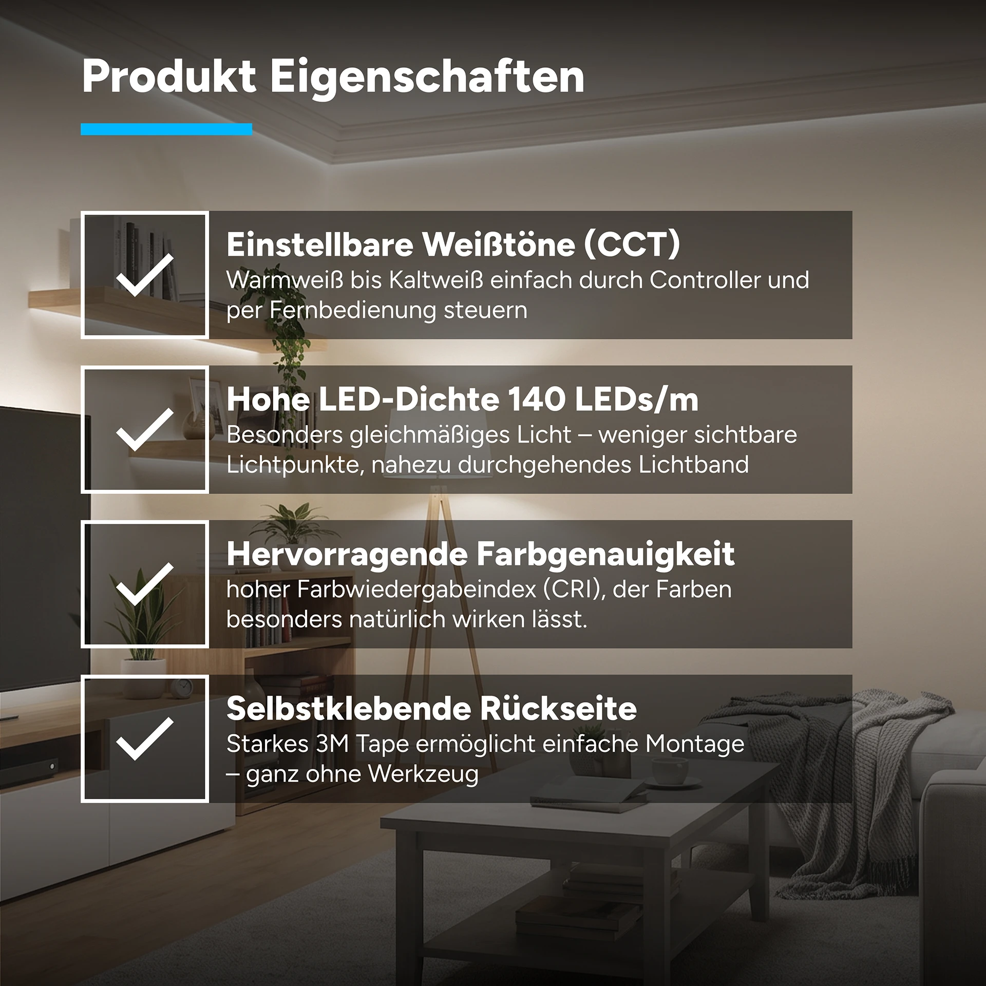 24V LED Streifen Set, 500 cm, Lichtfarbe weiß einstellbar, mit Netzteil und weißer Fernbedienung