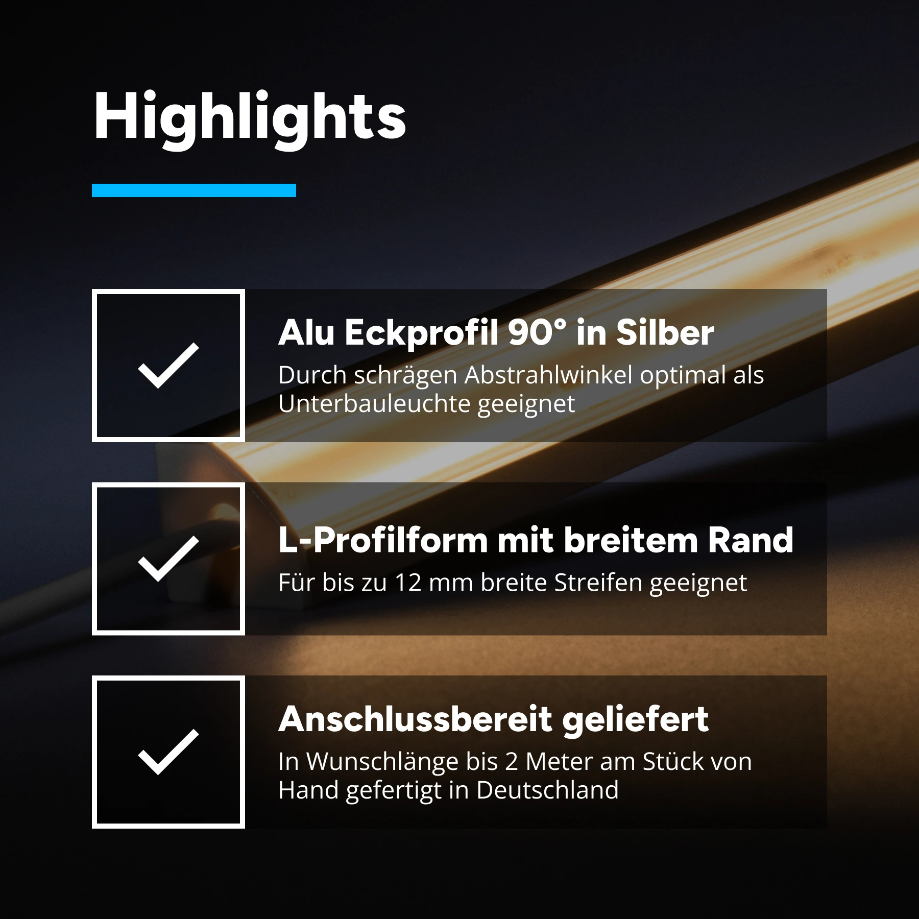 24V Aluminium LED Eckleiste - COB - neutralweiß - transparente  Abdeckung - kein Anschlußkabel zum Netzteil - 33cm - 144 LED Chips - 4 Watt - 360 Lumen