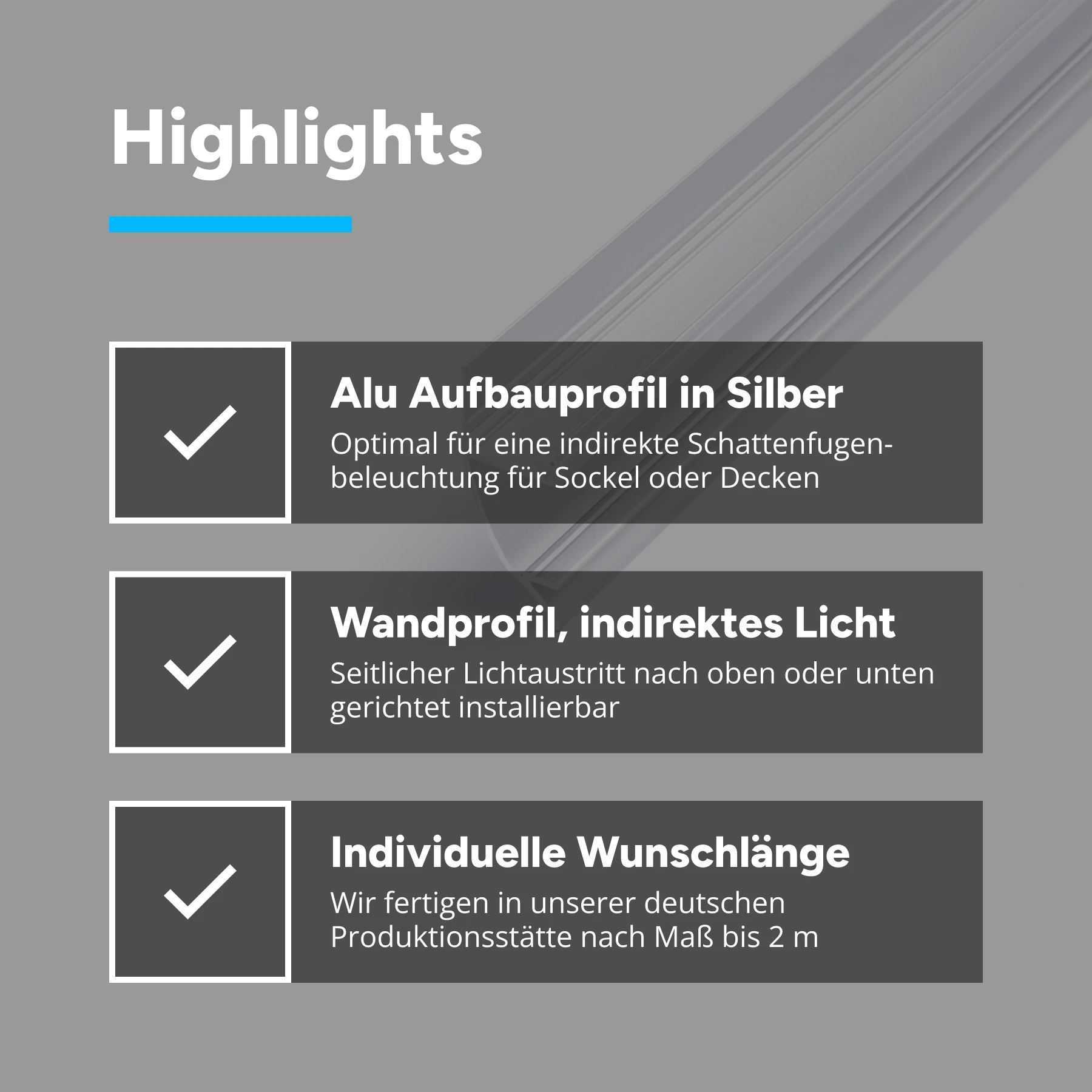 Aluminium LED Wand Profil, indirekt, 4,35 x 1,77 x 15cm - ohne Abdeckung - ohne Endkappen
