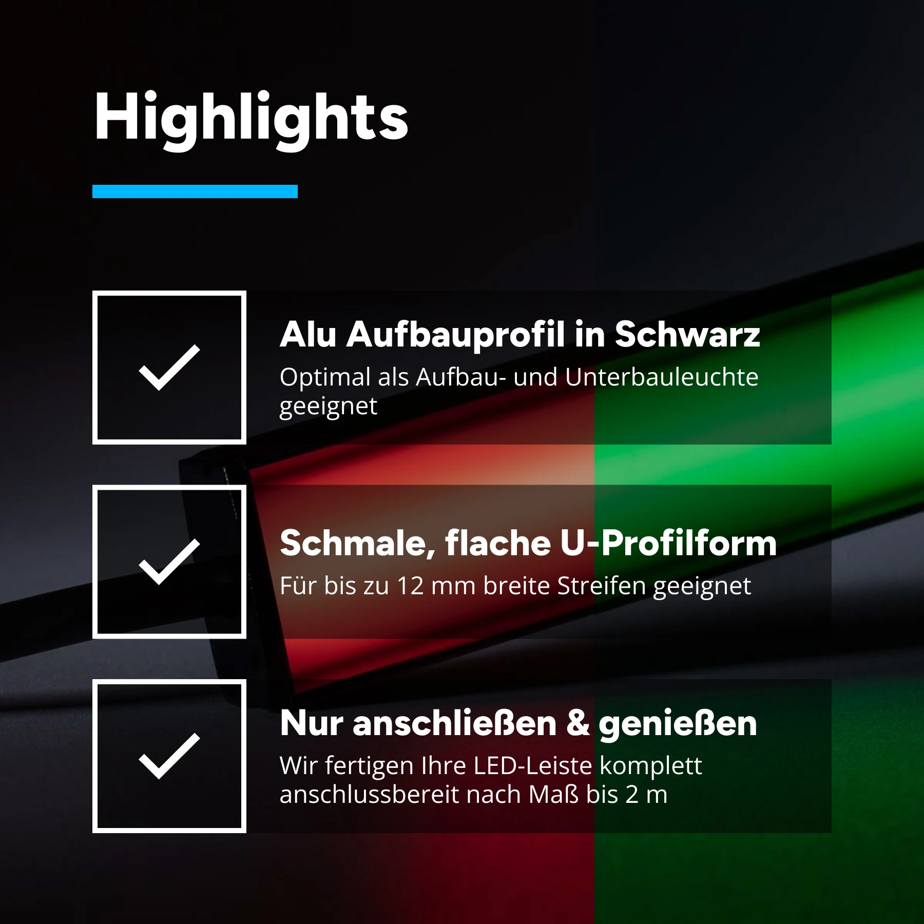 24V Black Line Slim LED Leiste - COB - RGB -  schwarze Abdeckung - 33cm - 252 LED Chips - 4,5 Watt - 224 Lumen - mit Ausgangskabel (zum Anschluss einer weiteren LED Leiste)