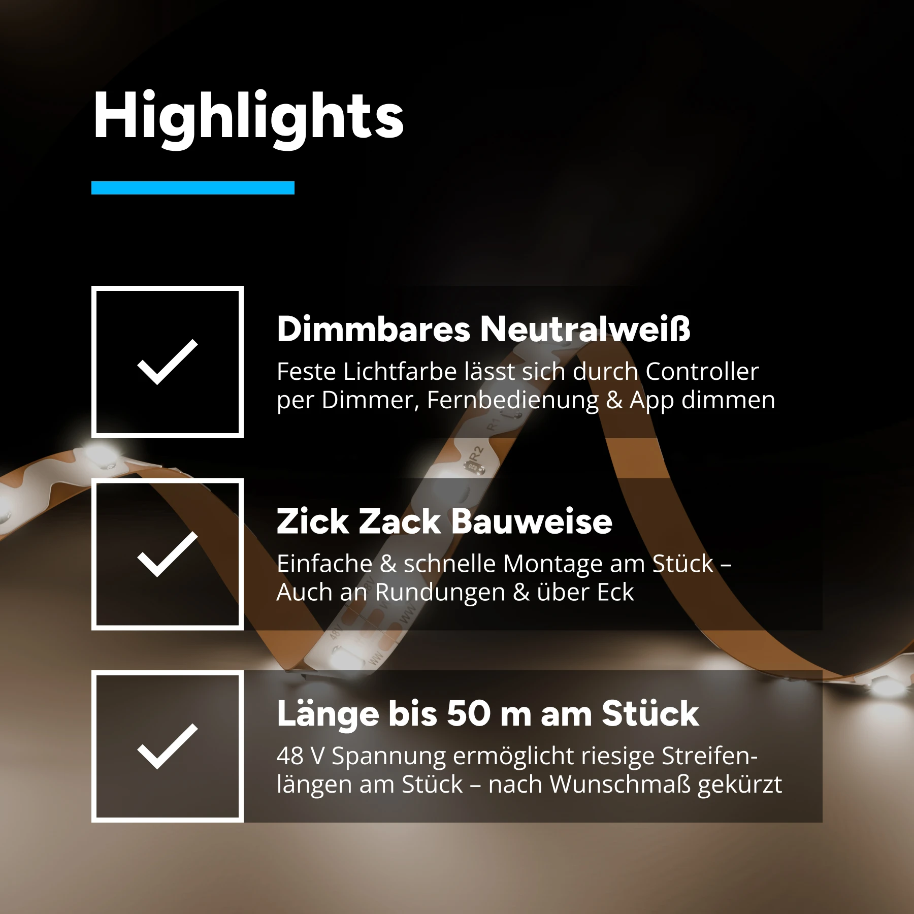 48V Zick Zack LED Streifen - neutralweiß - 72 LEDs je Meter - alle 16,7cm teilbar - 16,7cm - 12 LED Chips - 2 Watt - 150 Lumen - mit 50cm Eingangskabel