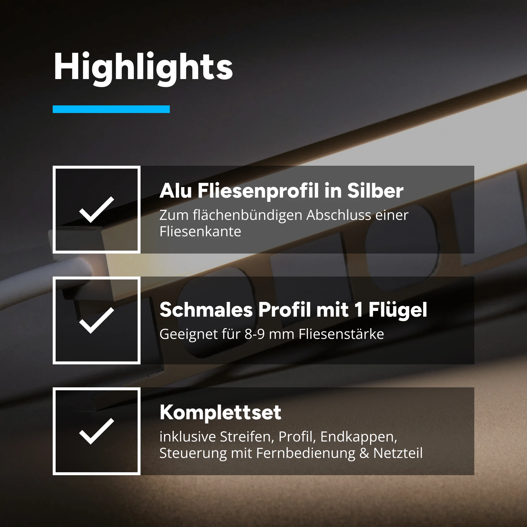3m Aluminium Fliesenabschluss Profil mit 24V COB LED Streifen Weiß variabel - 2700K - 6000K ohne Netzteil und ohne Fernbedienung
