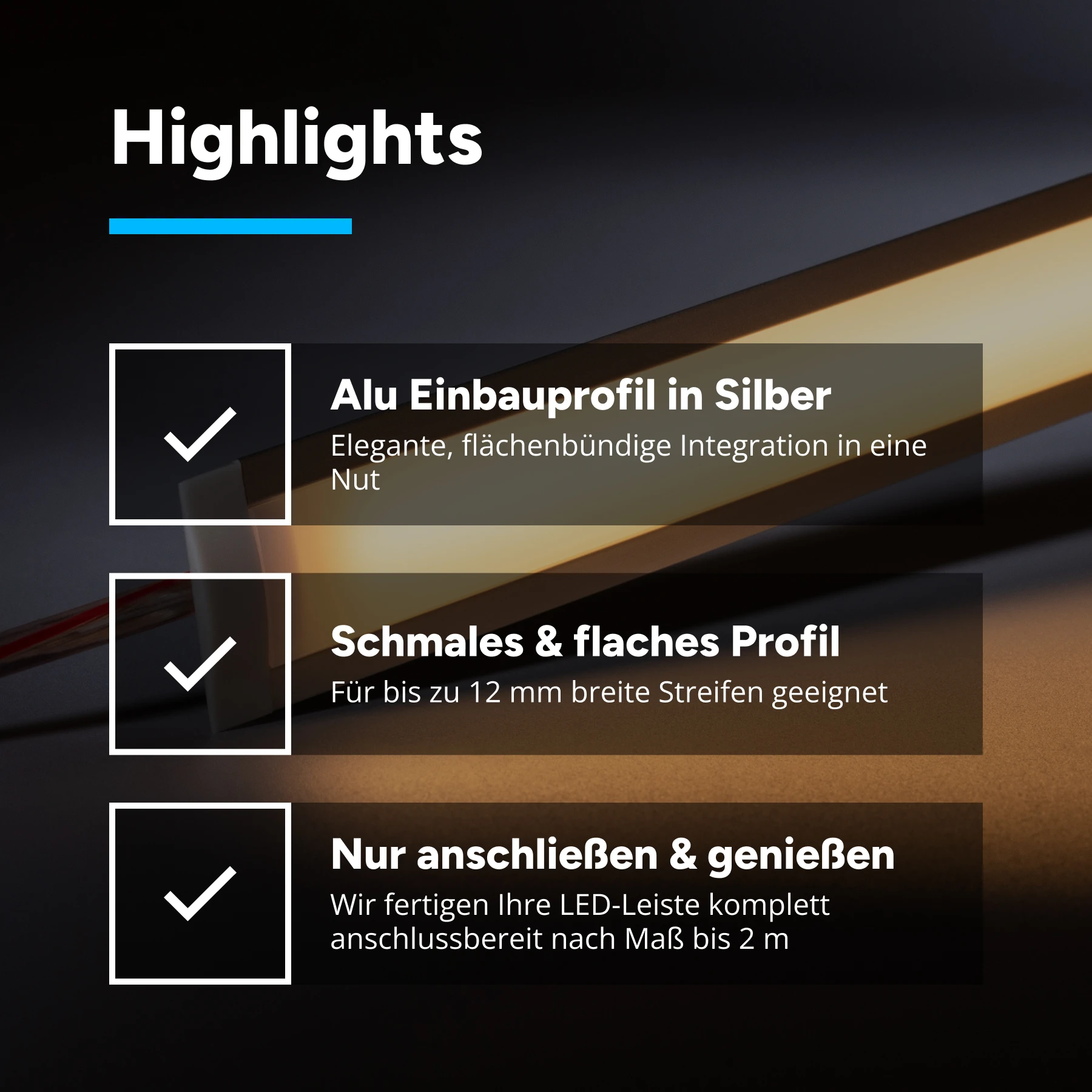 12V Aluminium Einbau LED Leiste schmal - COB - warmweiß - diffuse  Abdeckung - 33cm - 132 LED Chips - 3 Watt - 281 Lumen