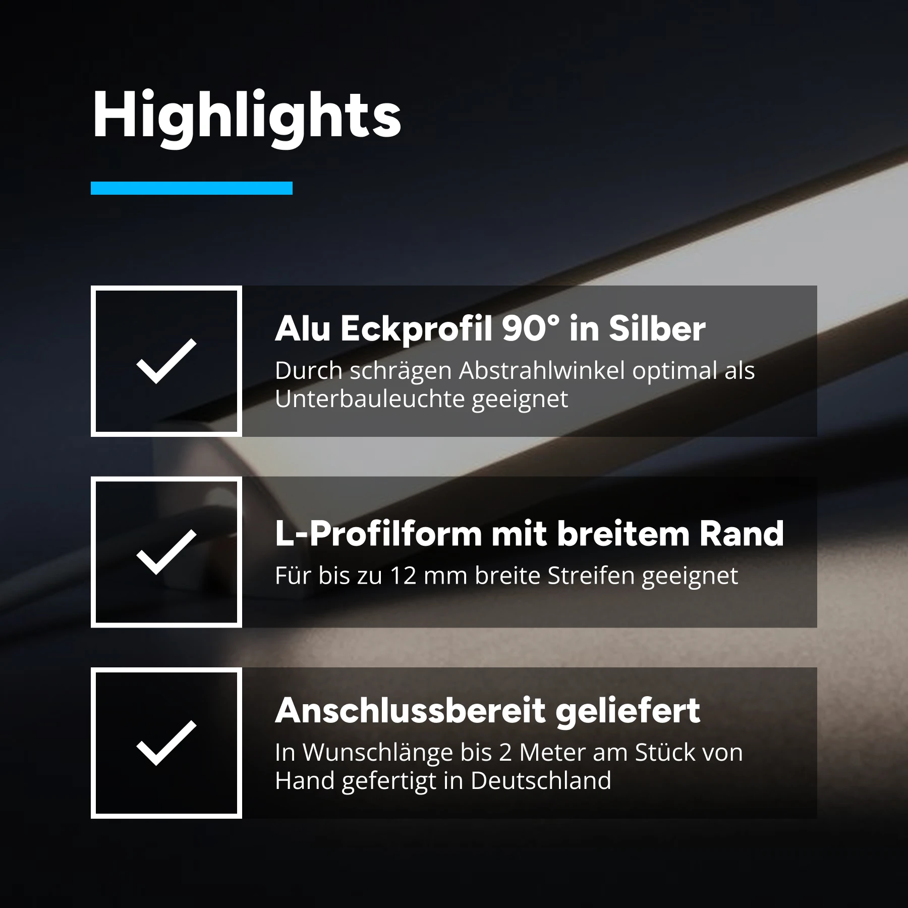 24V Aluminium LED EckLeiste - COB - weiß - diffuse  Abdeckung - kein Anschlußkabel zum Netzteil - 33cm - 144 - LED Chips - 4 Watt - 360 Lumen