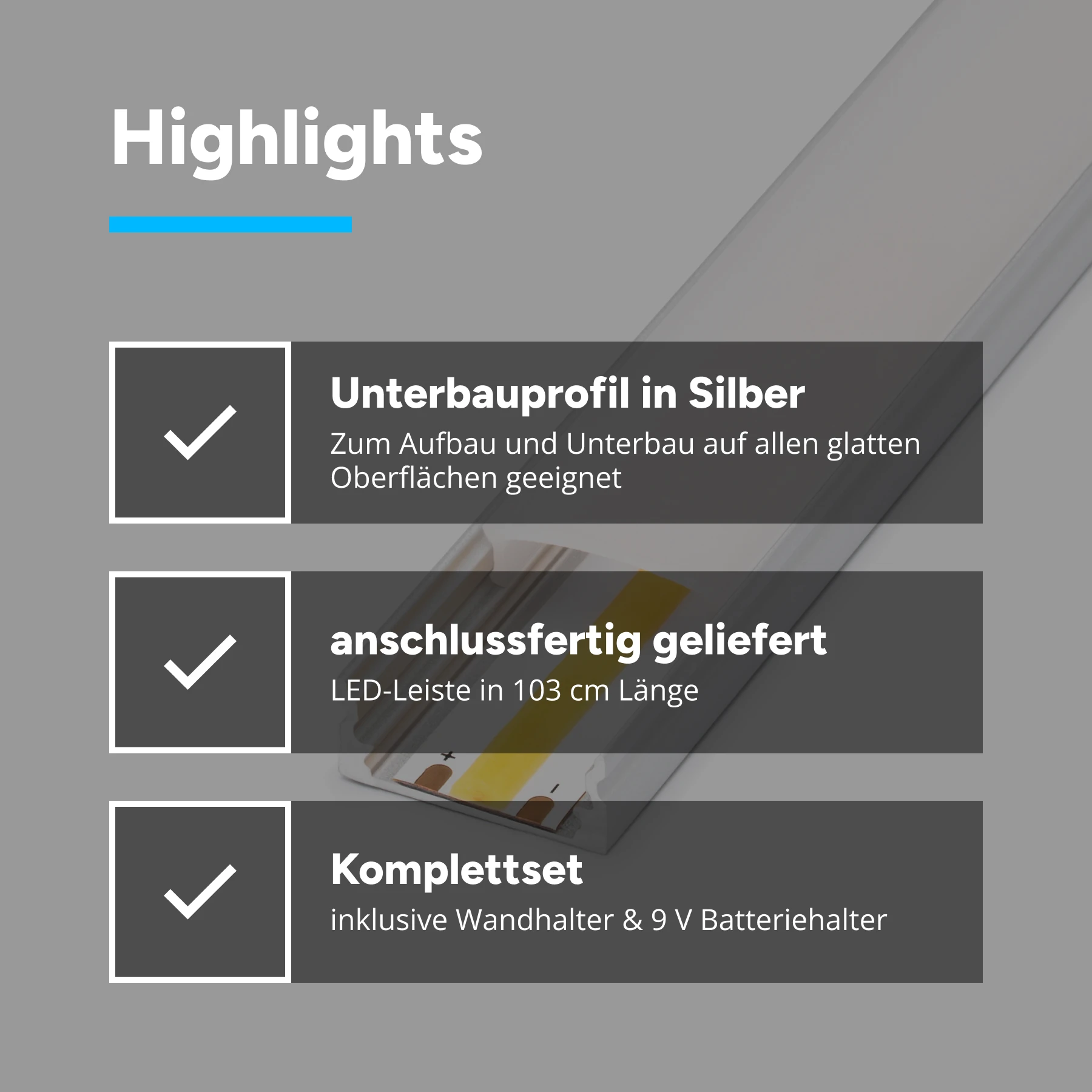 Batteriebetriebenes 9V LED Leisten Set, 103cm Länge, Lichtfarbe weiß