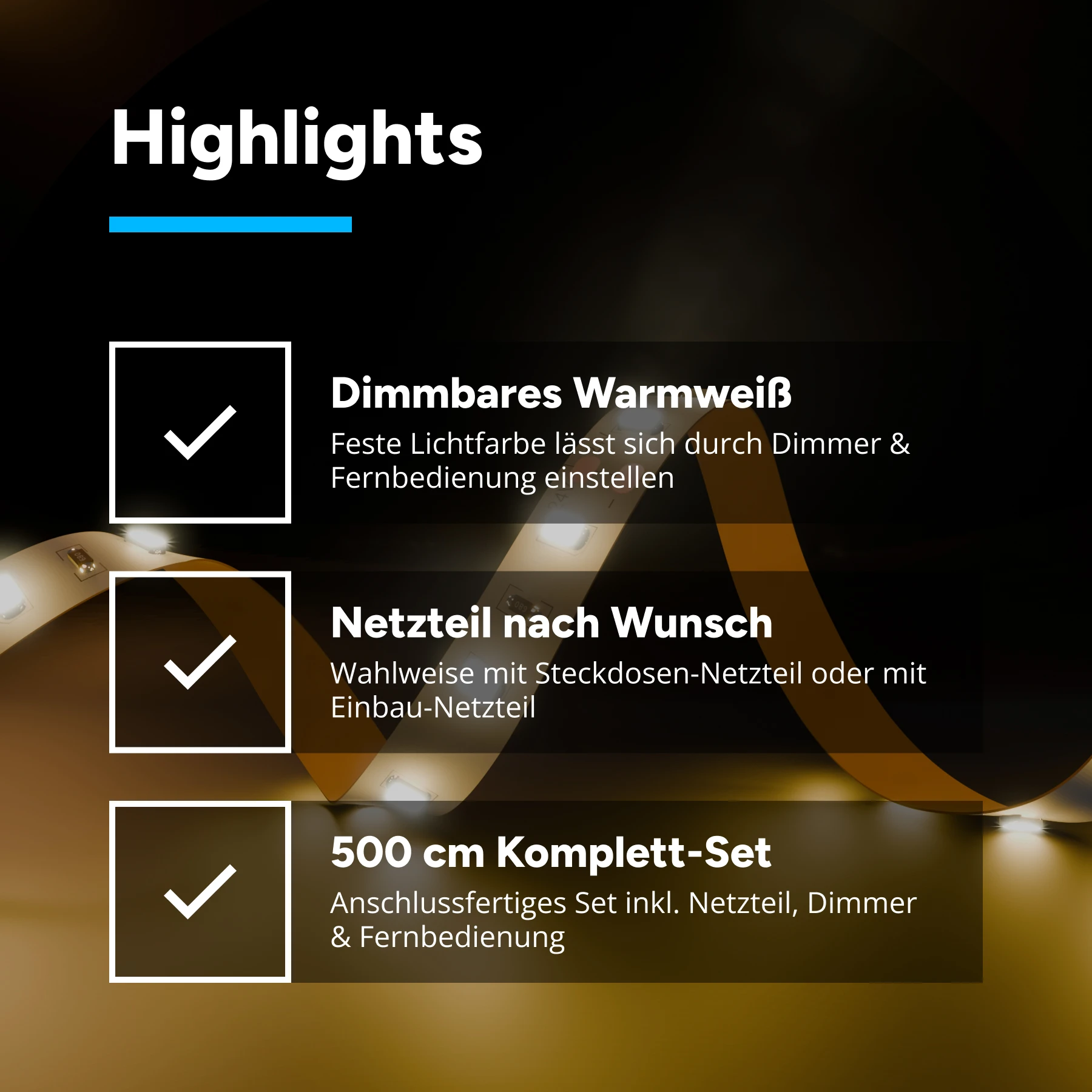 24V LED Streifen Set mit Fernbedienung und Netzteil, 500cm Länge, Lichtfarbe warmweiß mit Einbaunetzteil