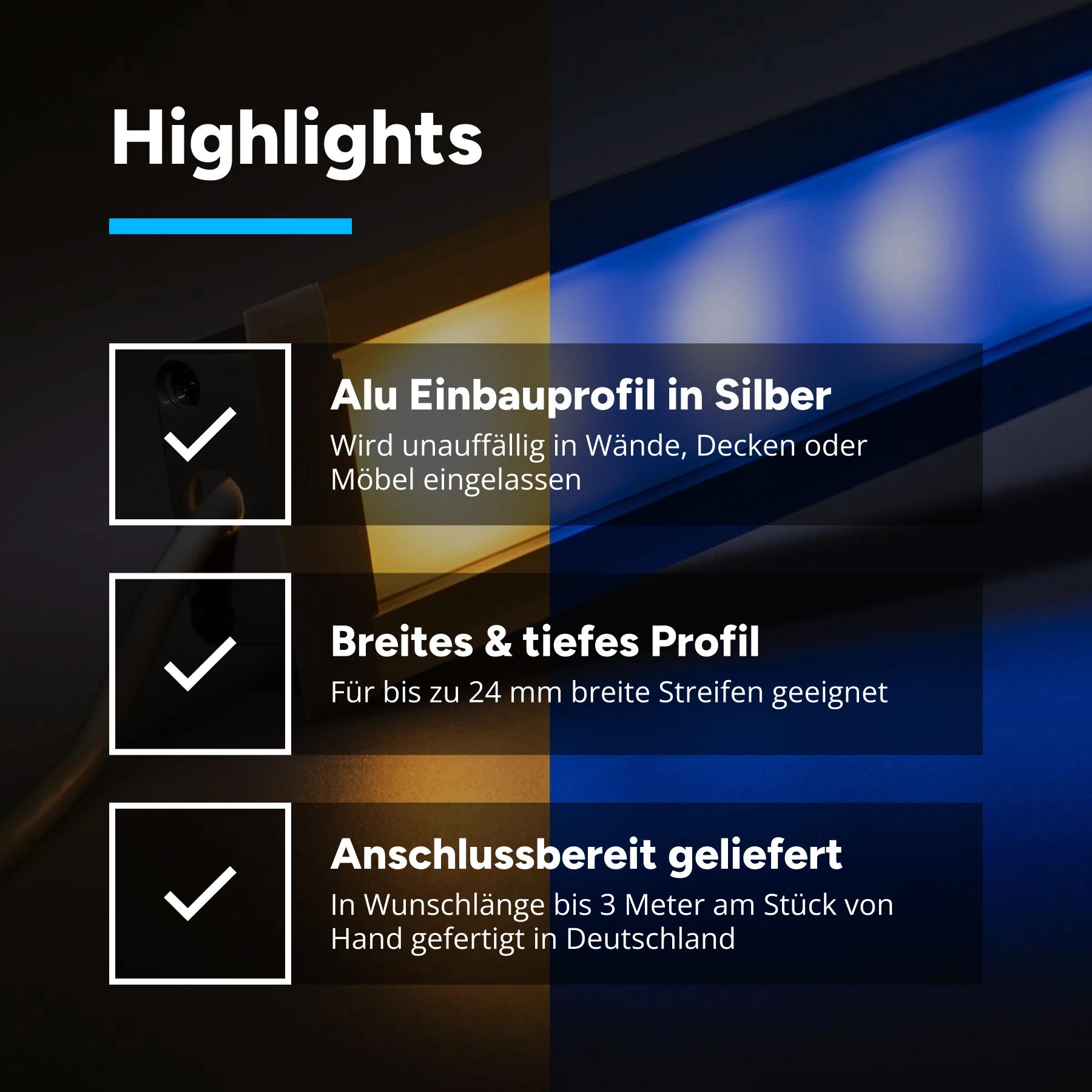 12V  Aluminium Einbau LED Leiste – RGBW – diffuse Abdeckung - 33cm mit 18 SMD LEDs - 5 Watt 144 Lumen