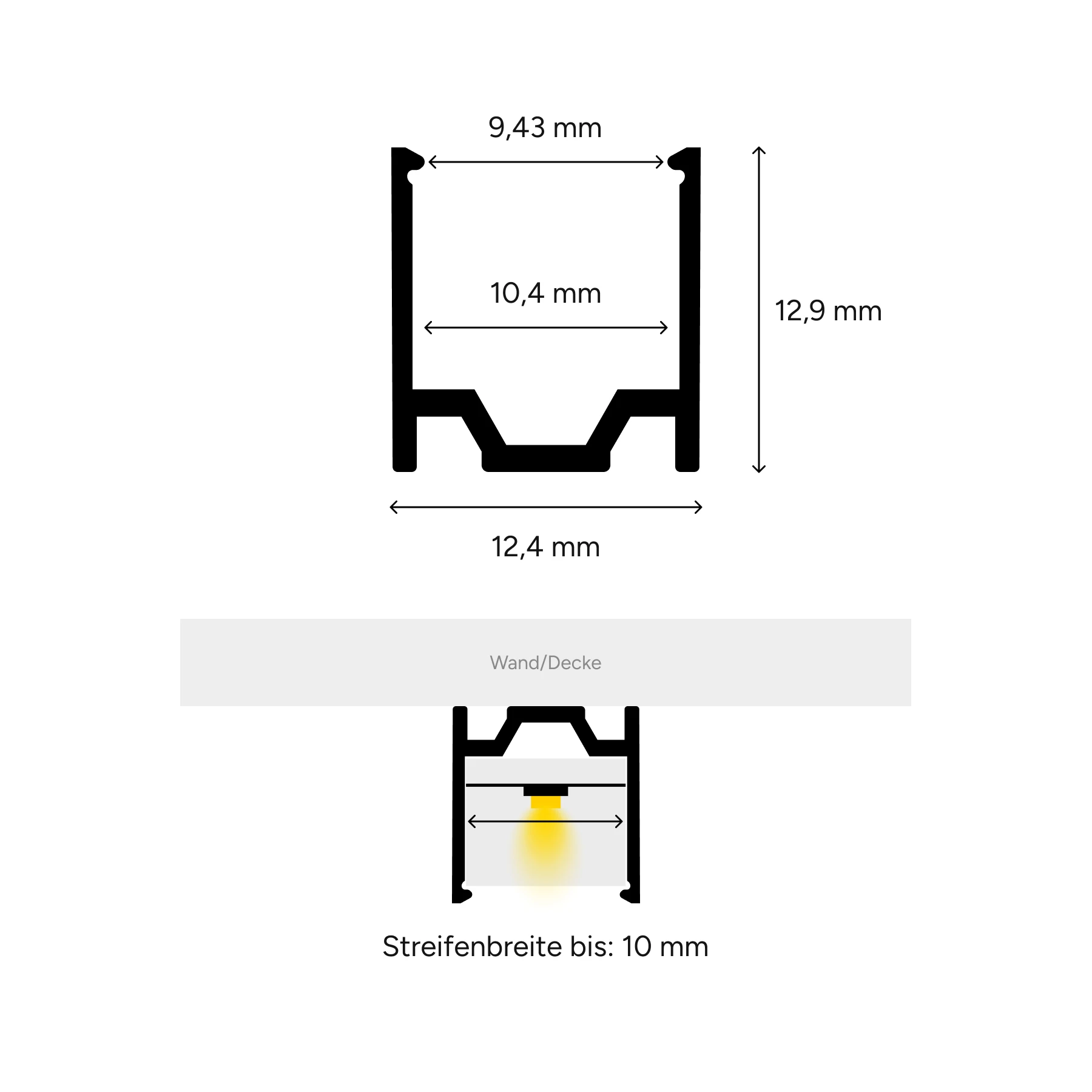 Aluminium LED Profil für 10 x 10mm Neon Streifen, 1,25 x 1,28 x 15cm