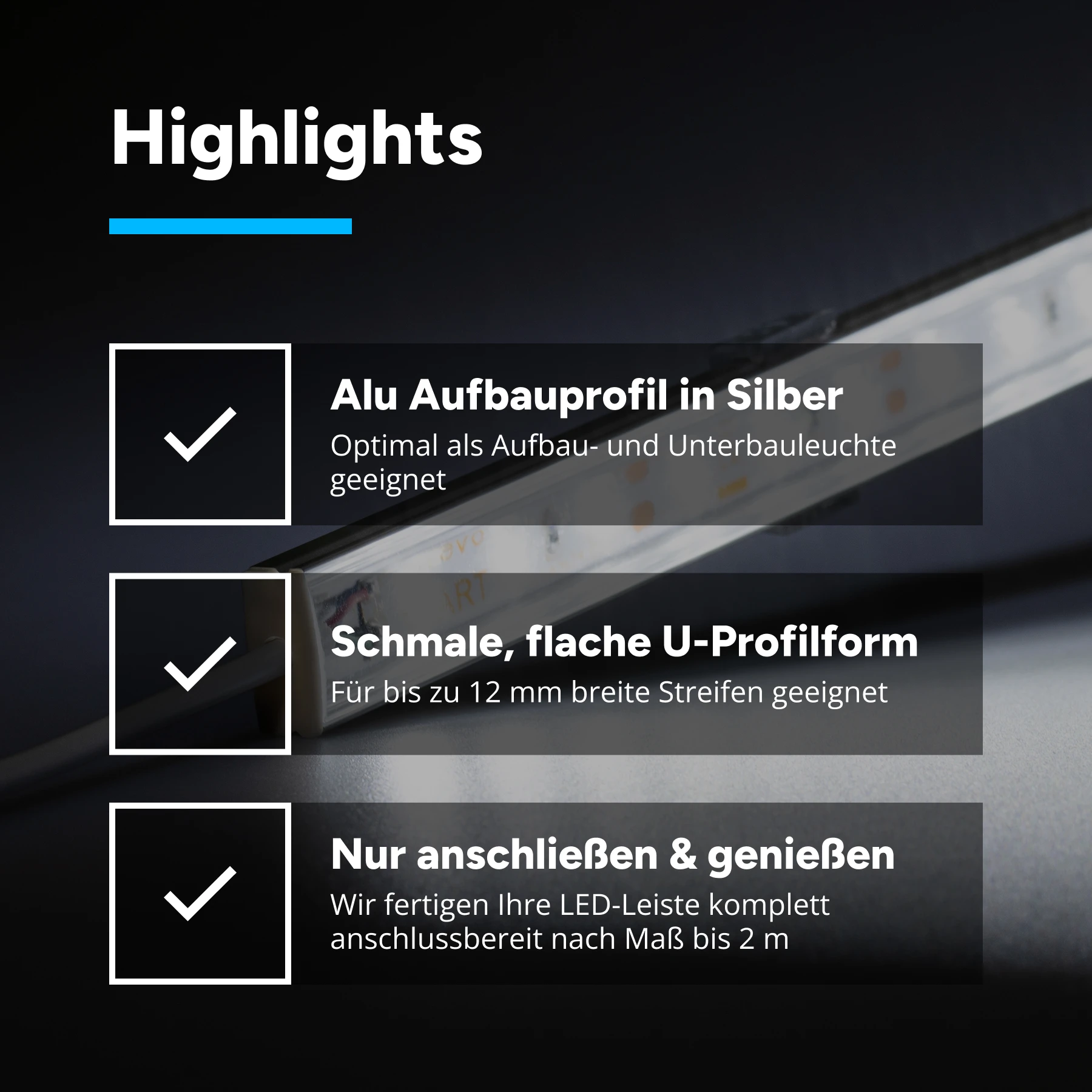 12V Slim Line  Aluminium LED Leiste – weiß – transparente Abdeckung - kein Anschlußkabel zum Netzteil - 33cm mit 18 SMD LEDs - 3,5 Watt - 210 Lumen