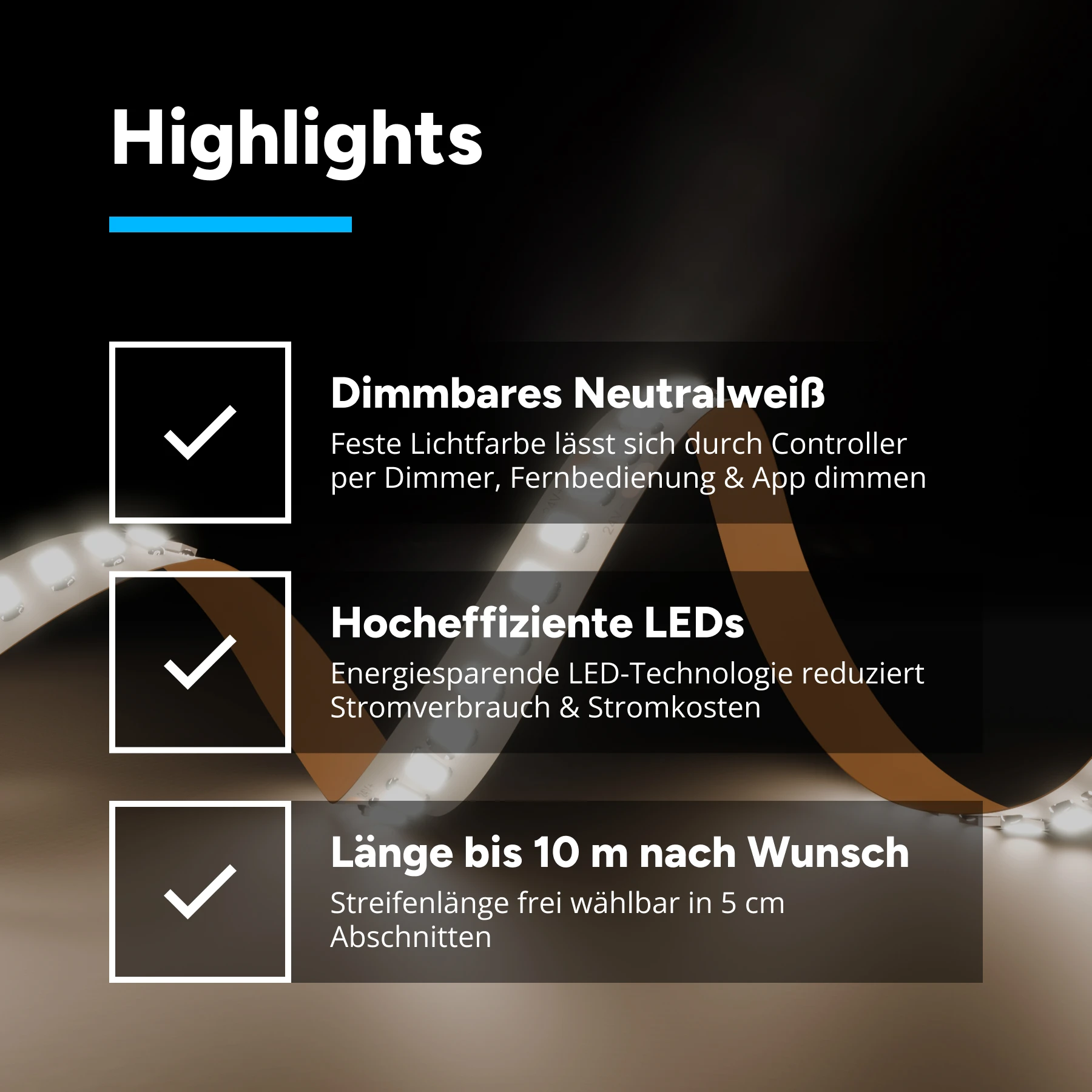 24V LED Streifen energiesparend - neutralweiß - 180 LEDs je Meter - alle 5cm teilbar - 5cm - 9 LEDs - 1 Watt - 94 Lumen - ohne Steckerbuchsen 2polig - kein Anschlußkabel zum Netzteil