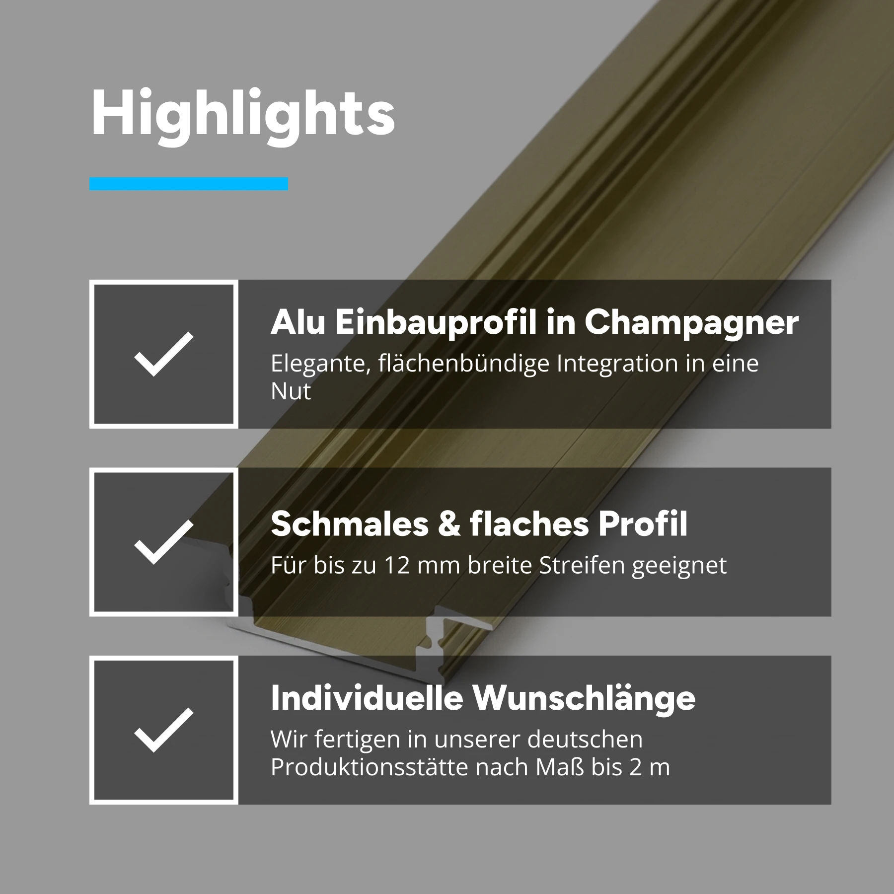 champagnerfarbenes Aluminium LED Einbau Profil in Wunschlänge, slim, 2,48 x 0,7cm 15 cm_ohne Abdeckung_ohne Endkappen