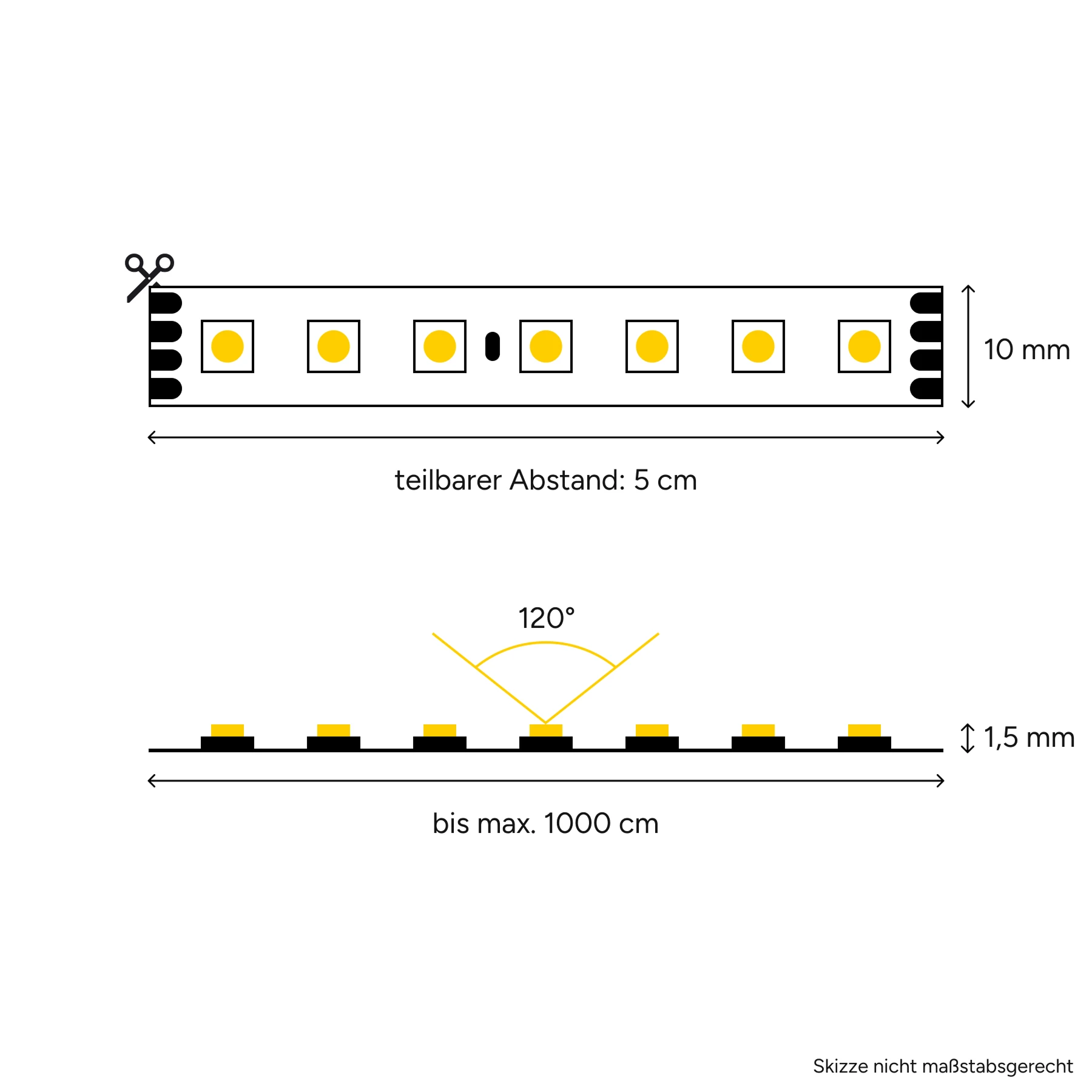 24V LED Streifen - warmweiß - 140 LEDs je Meter - alle 5cm teilbar - kein Anschlußkabel zum Netzteil - ohne Steckerbuchsen 4polig - 5cm - 7 LEDs - 1 Watt - 84 Lumen