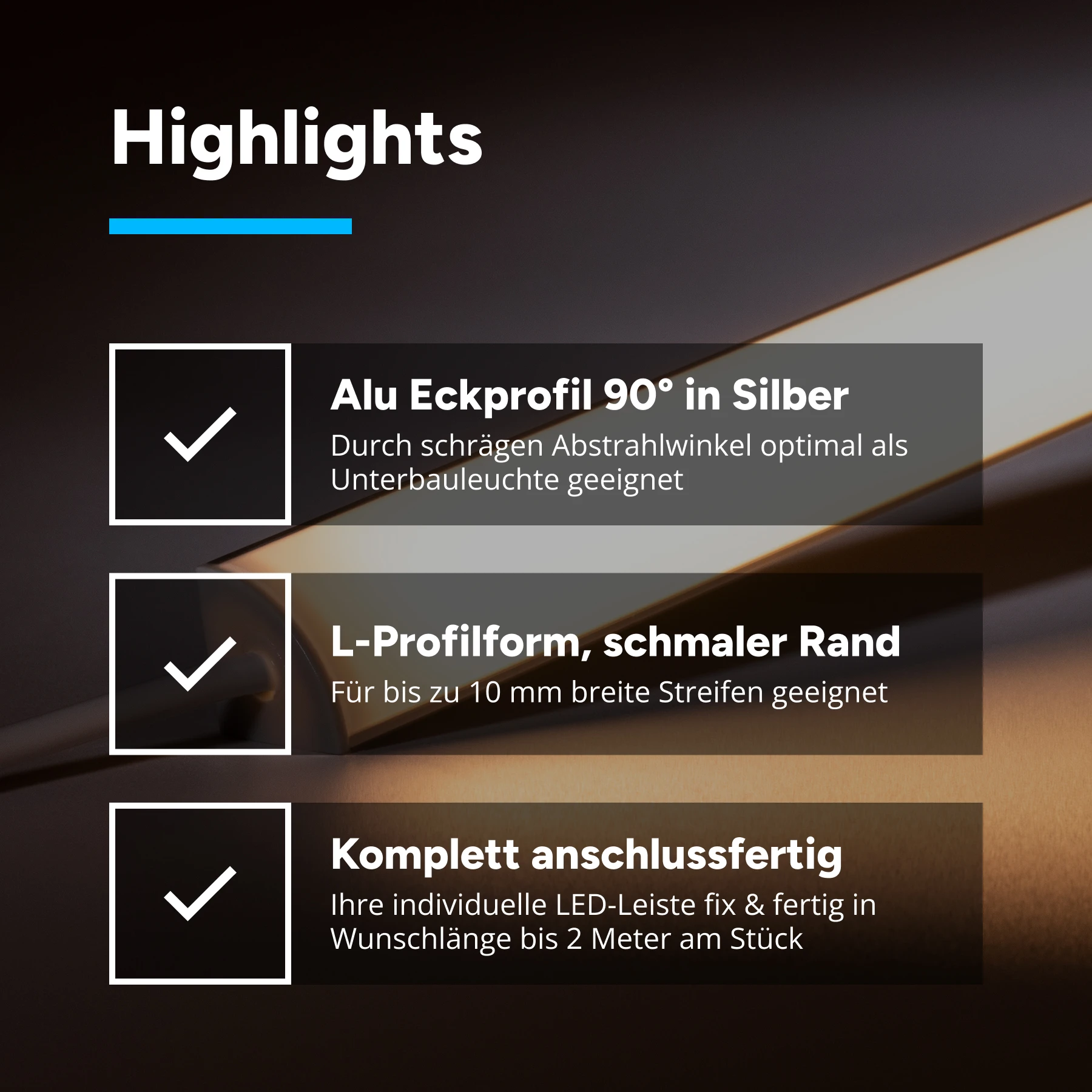 24V Aluminium LED Eck Leiste rund – warmweiß – diffuse Abdeckung kein Anschlußkabel zum Netzteil 23 cm mit 28 SMD LEDs - 4 Watt 328 Lumen