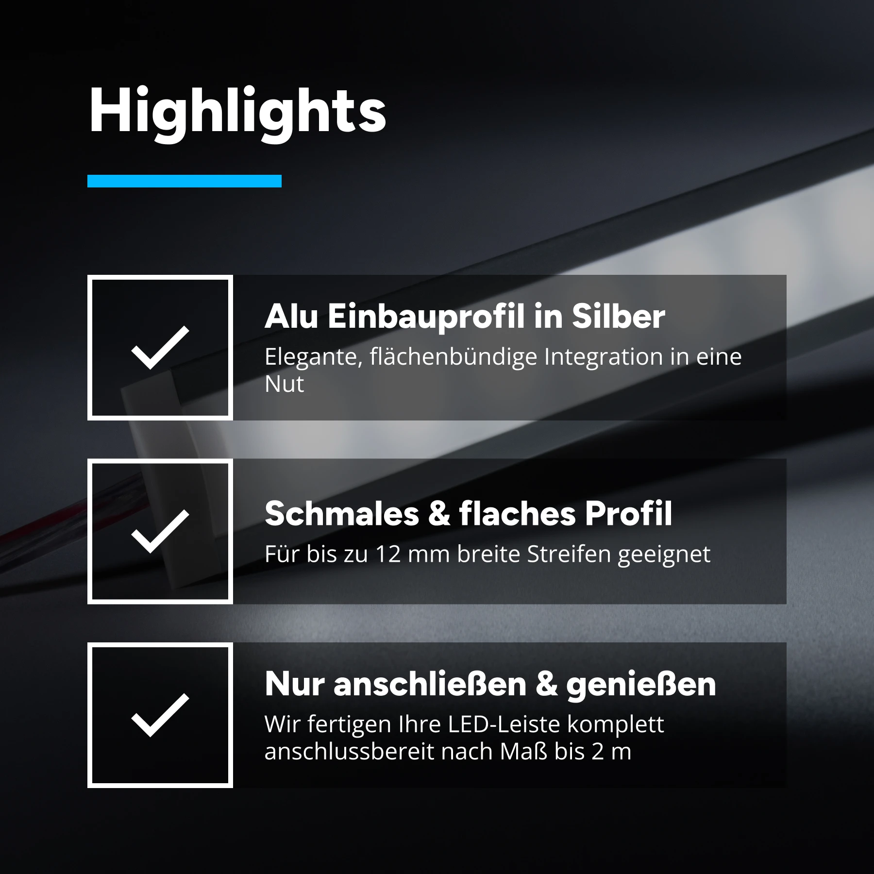 12V Aluminium Einbau LED Leiste schmal – weiß – diffuse Abdeckung - 33cm mit 18 SMD LEDs - 3 Watt - 210 Lumen