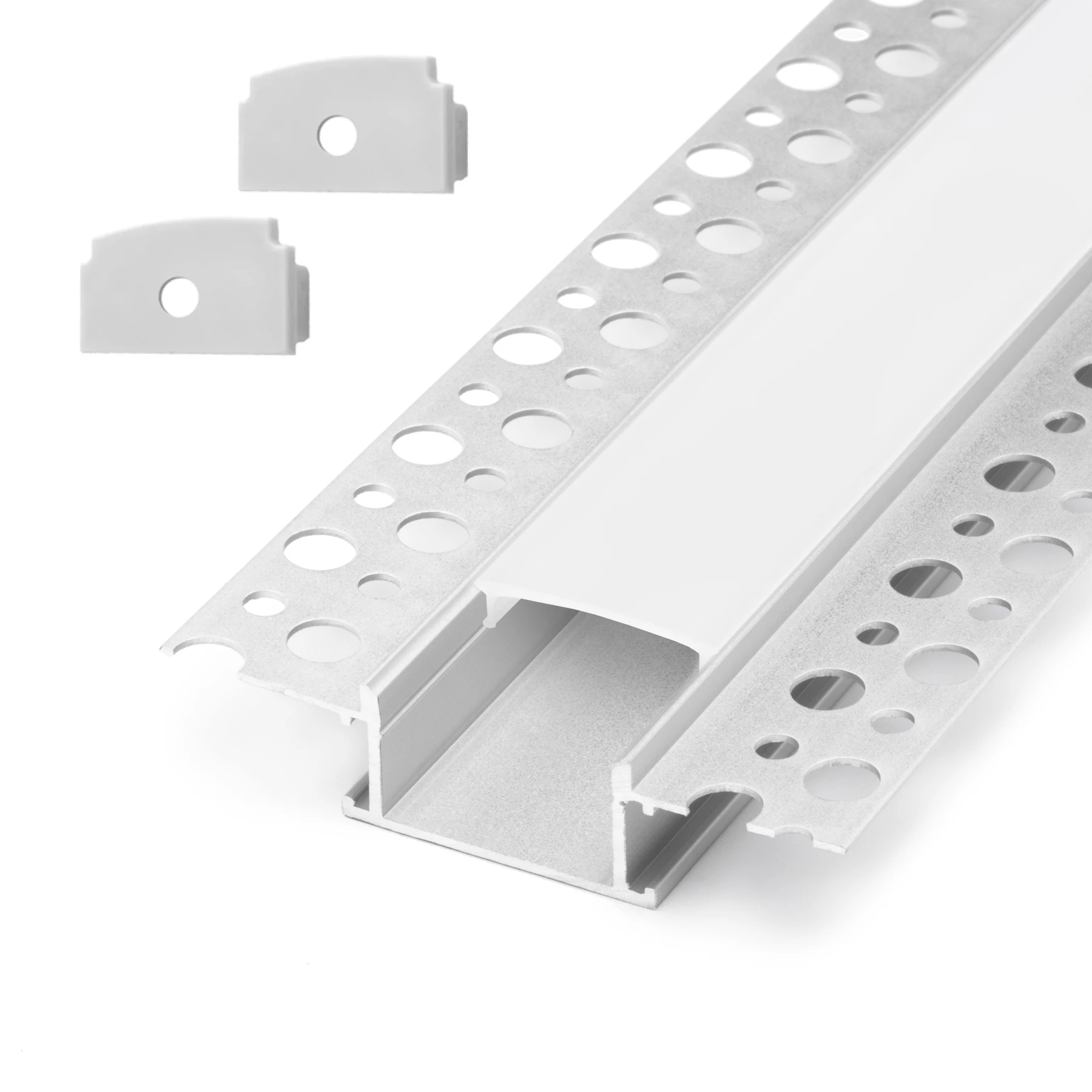 Aluminium LED Unterputz Profil, Trockenbau ideal, 2,39 x 1,38 x 249cm - diffuse Abdeckung in Profillänge - 2er Set - beidseitig mit Loch