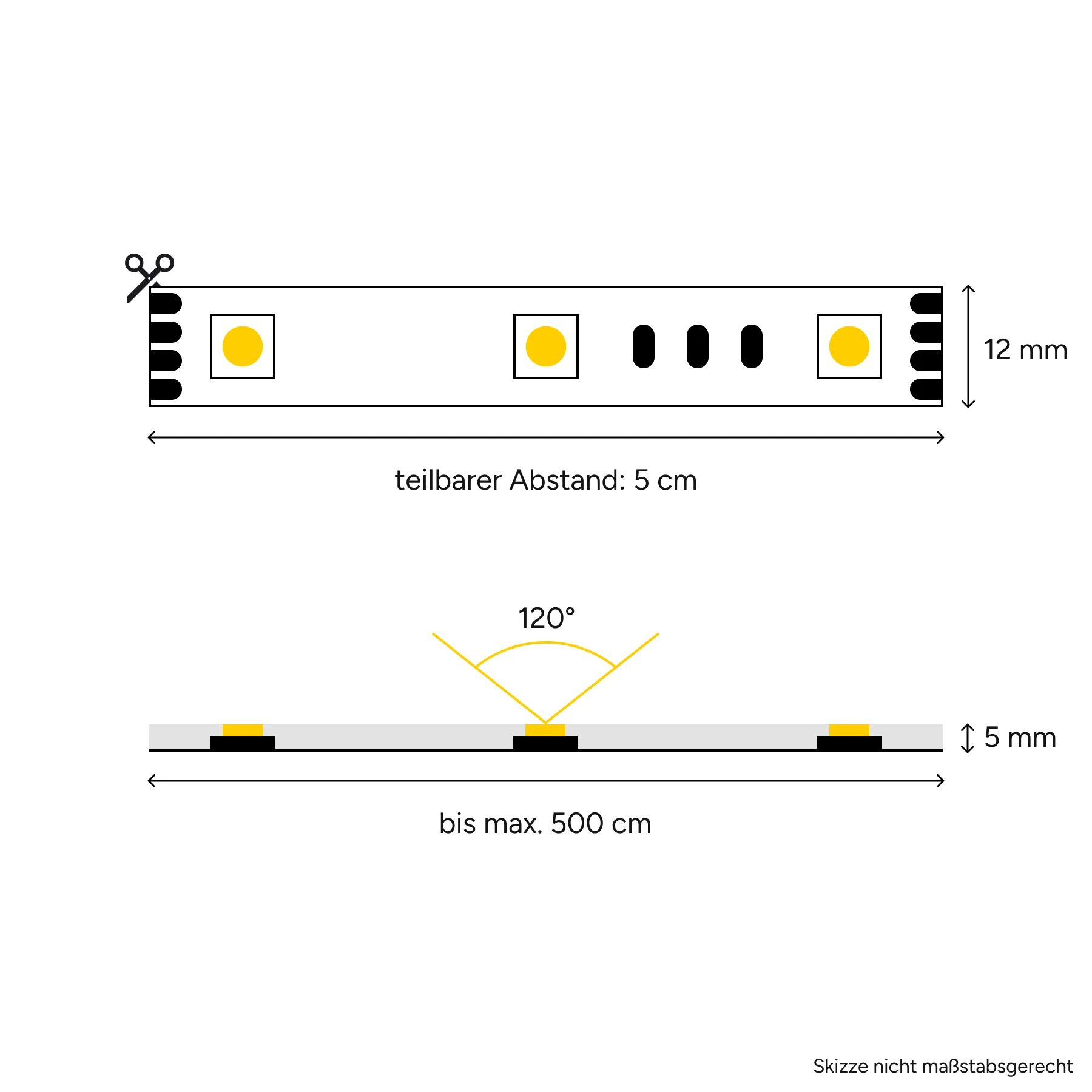 12V wasserfester LED Streifen - RGB - IP67 - 60 LEDs je Meter - alle 5 cm teilbar - 360 cm - 216 LEDs - 36 Watt - 1872 Lumen