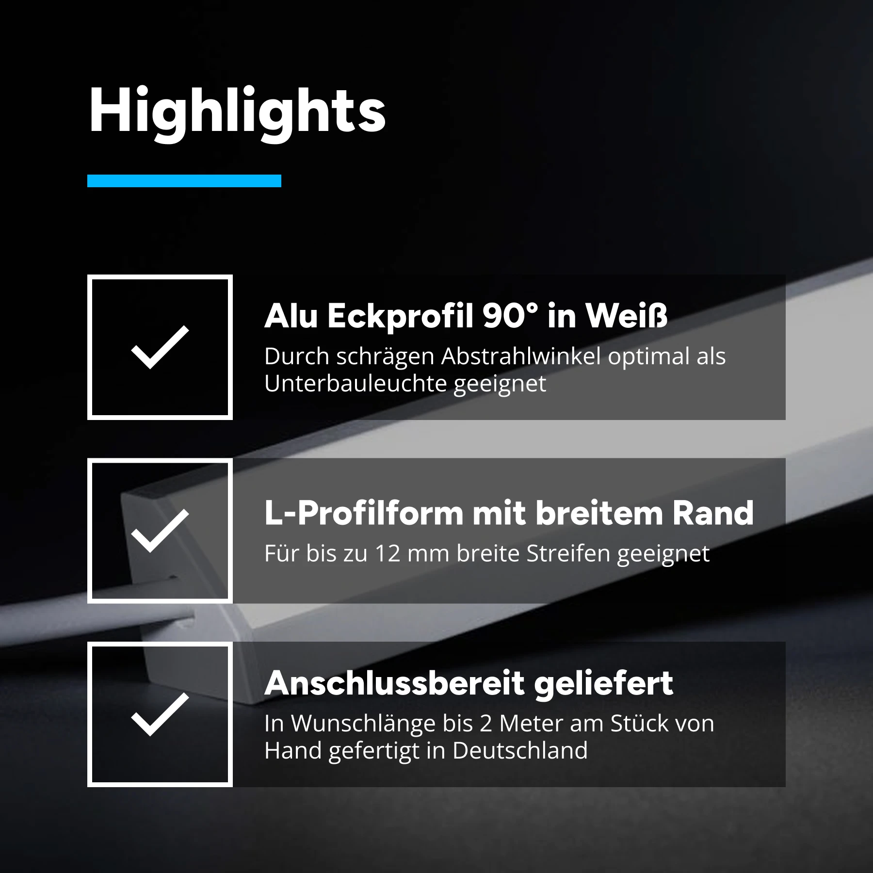 24V White Line LED Eckleiste - COB - weiß - diffuse Abdeckung - 33cm - 144 LED Chips - 4 Watt - 360 Lumen - kein Anschlußkabel zum Netzteil - mit Ausgangskabel ( zum Anschluss einer weiteren LED- Leiste )