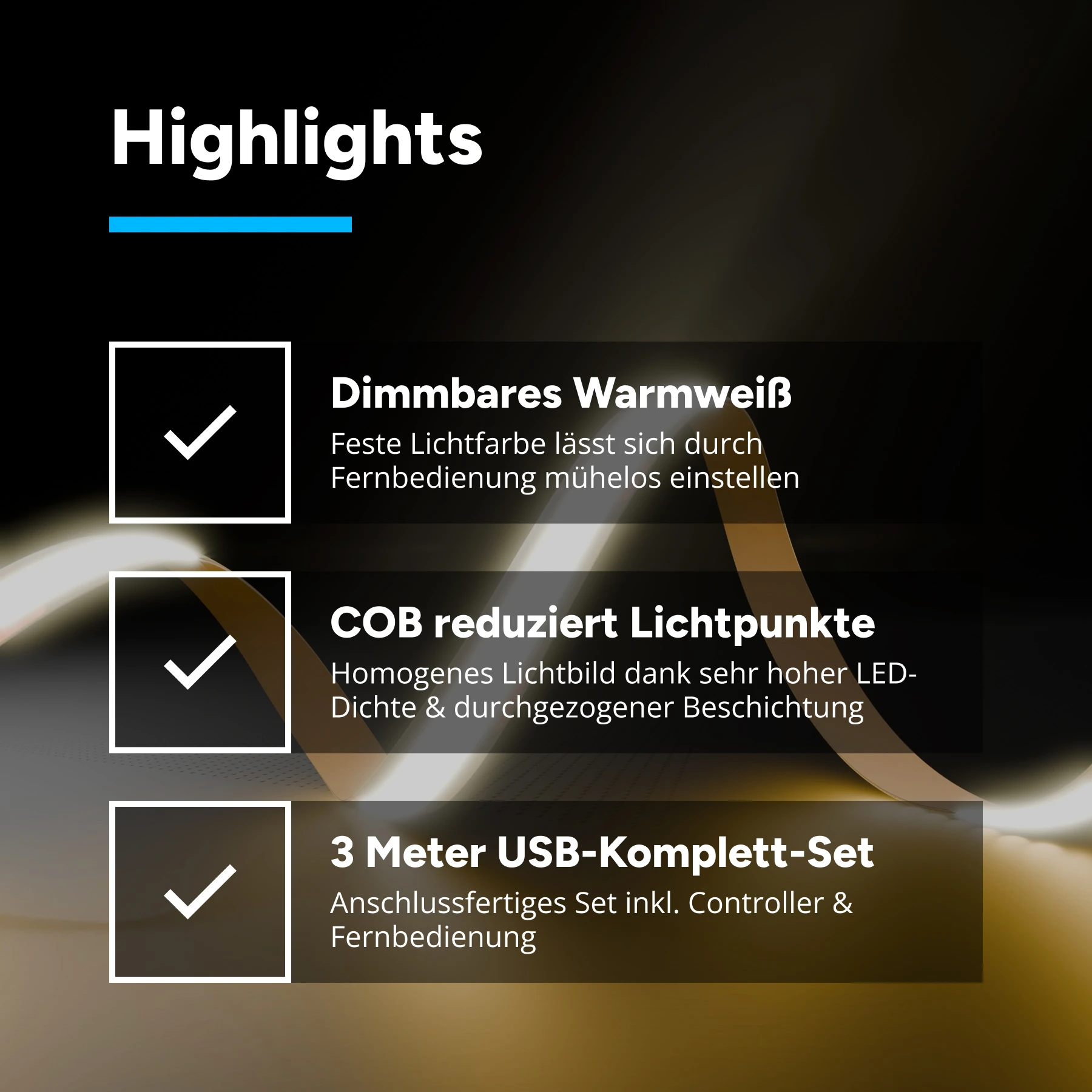 5V COB LED Streifen - 3m USB-Set mit Controller und Fernbedienung - Lichtfarbe: warmweiß - IP65