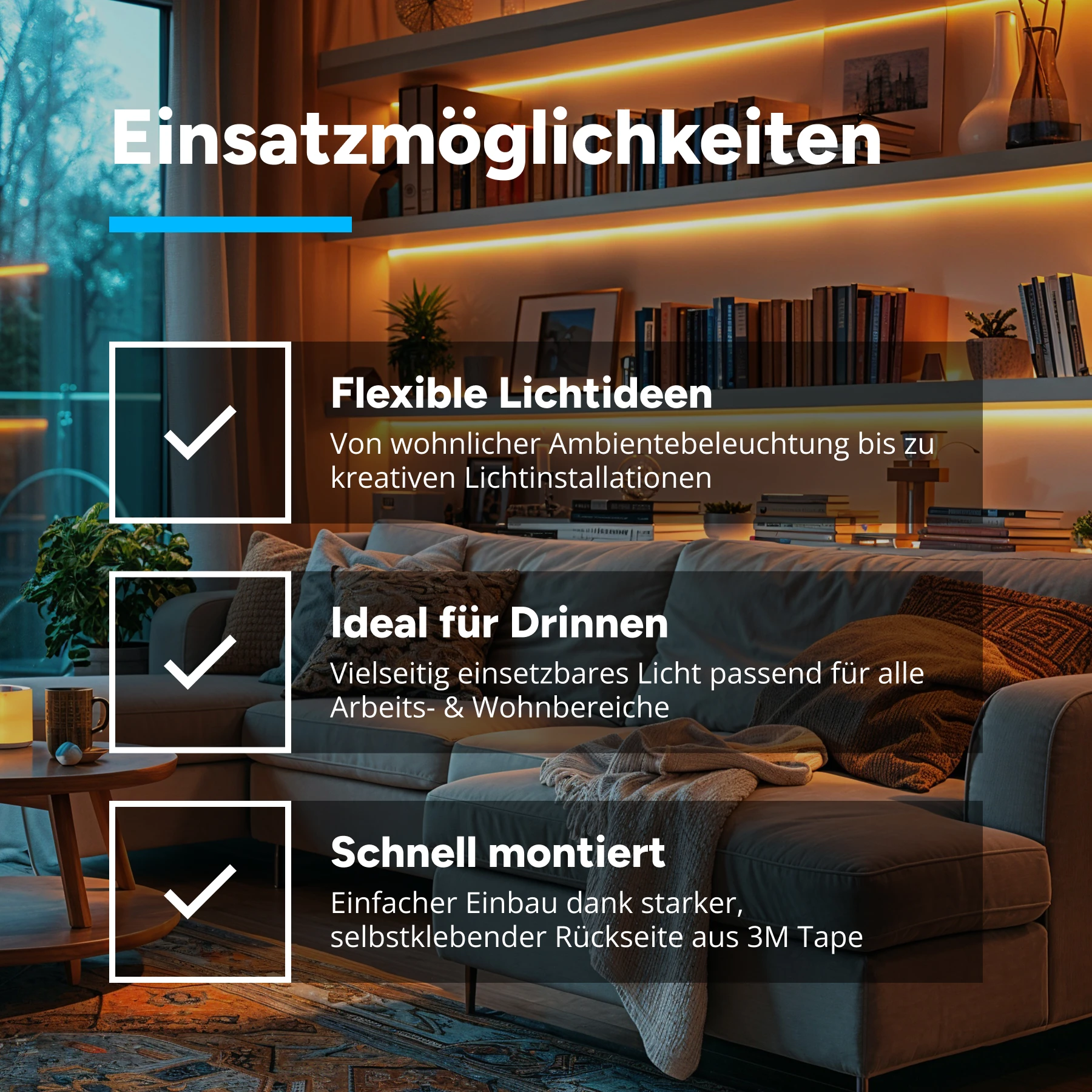 12V COB LED Streifen - warmweiß - alle 1cm teilbar - 8mm breit - 135cm - 540 LED Chips - 12,2 Watt - 1148 Lumen - mit 15cm Eingangskabel