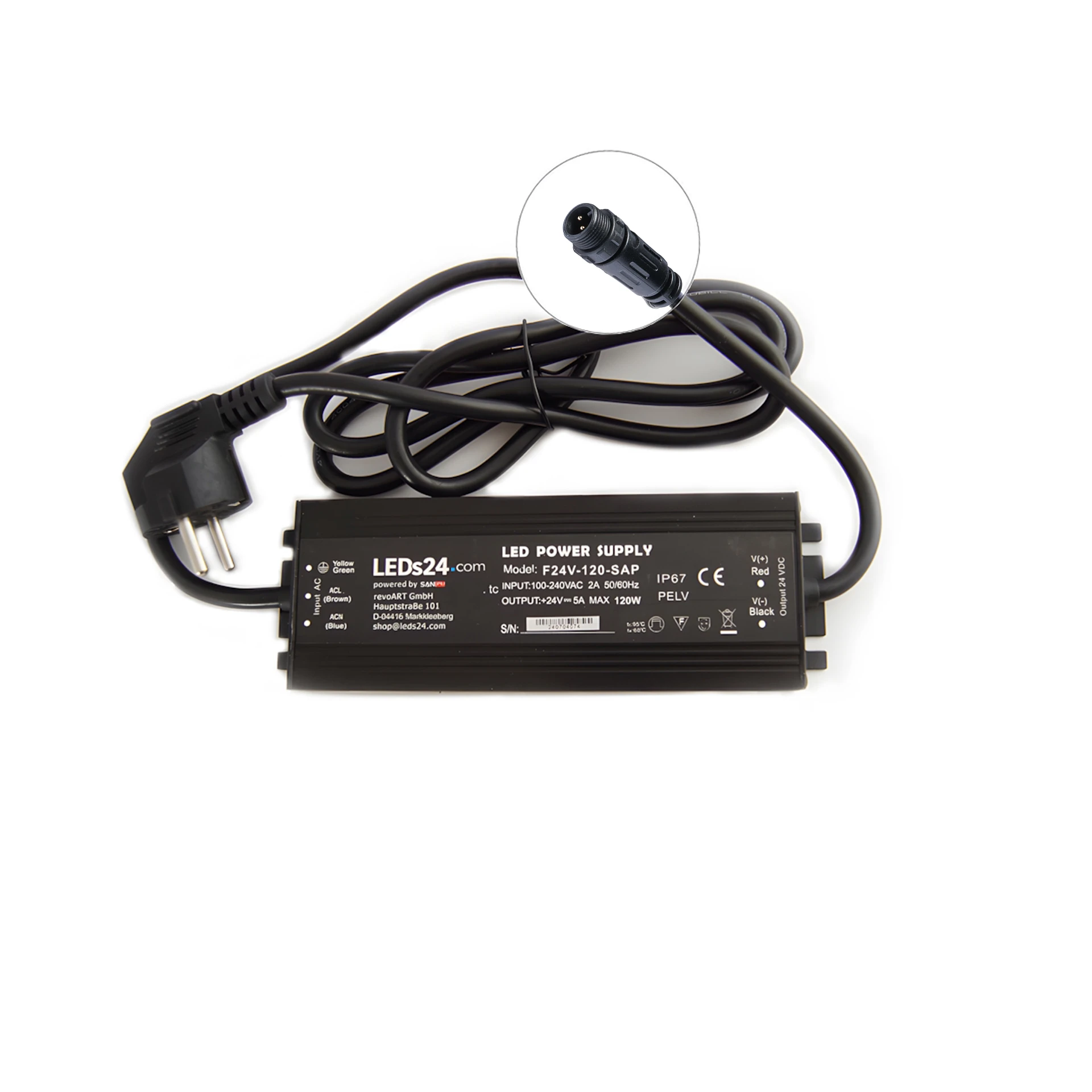 Plug & Play 24V  DC – wasserfestes Netzteil stabilisiert – 5A – 120Watt – IP67