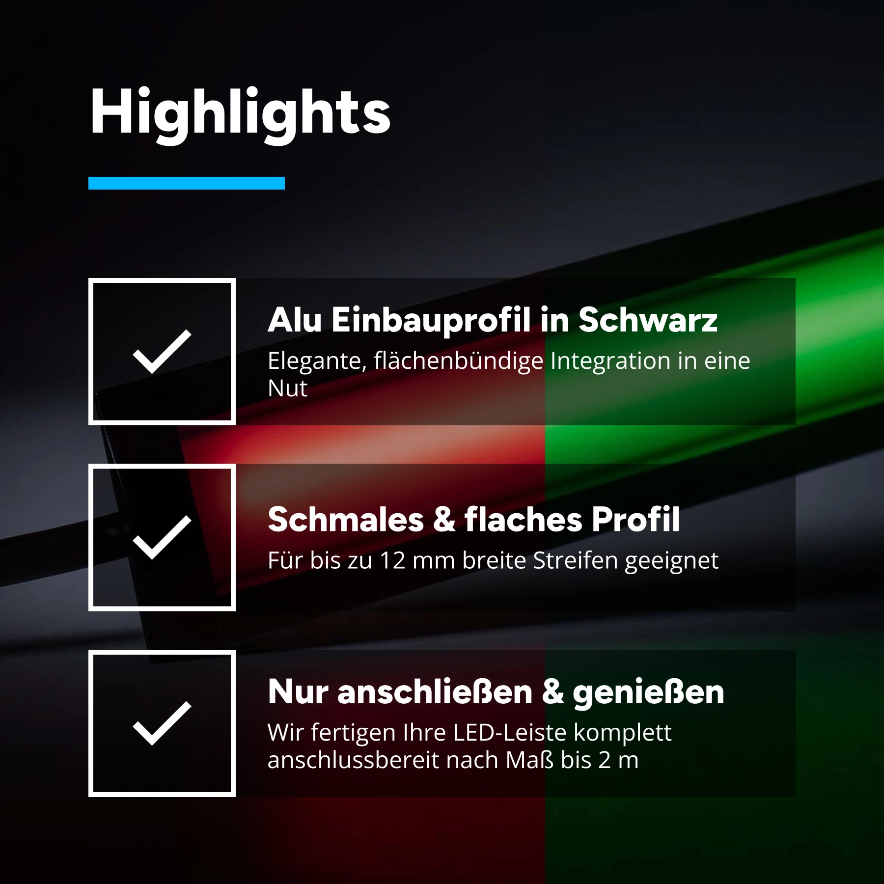 24V Black Line Einbau LED Leiste schmal - COB - RGB - schwarze Abdeckung - 33cm - 252 LED Chips - 4,5 Watt - 224 Lumen